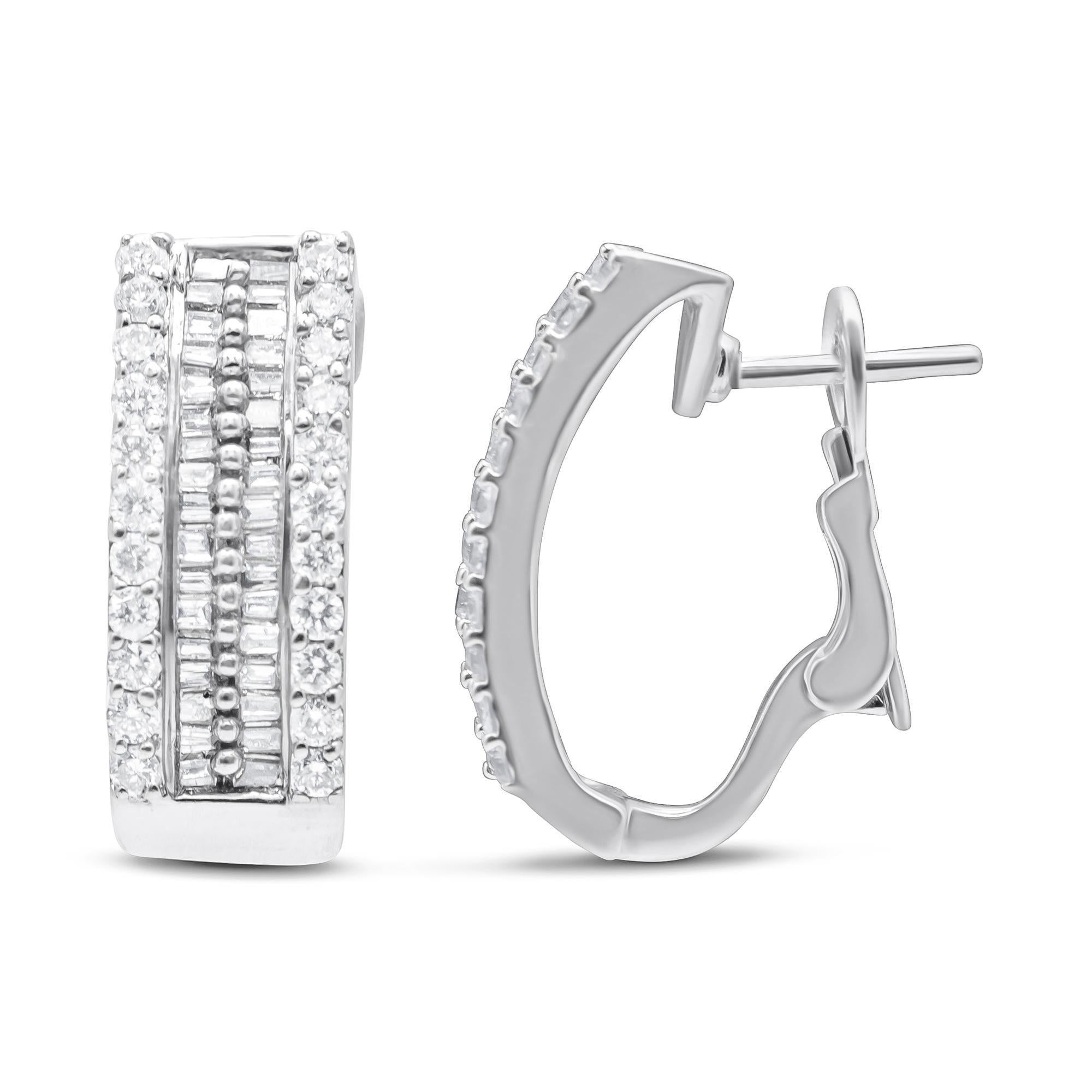 Diamond Hoop Earrings Baguette and Round Cut 1.5 Carats 14K White Gold In Excellent Condition For Sale In Aliso Viejo, CA