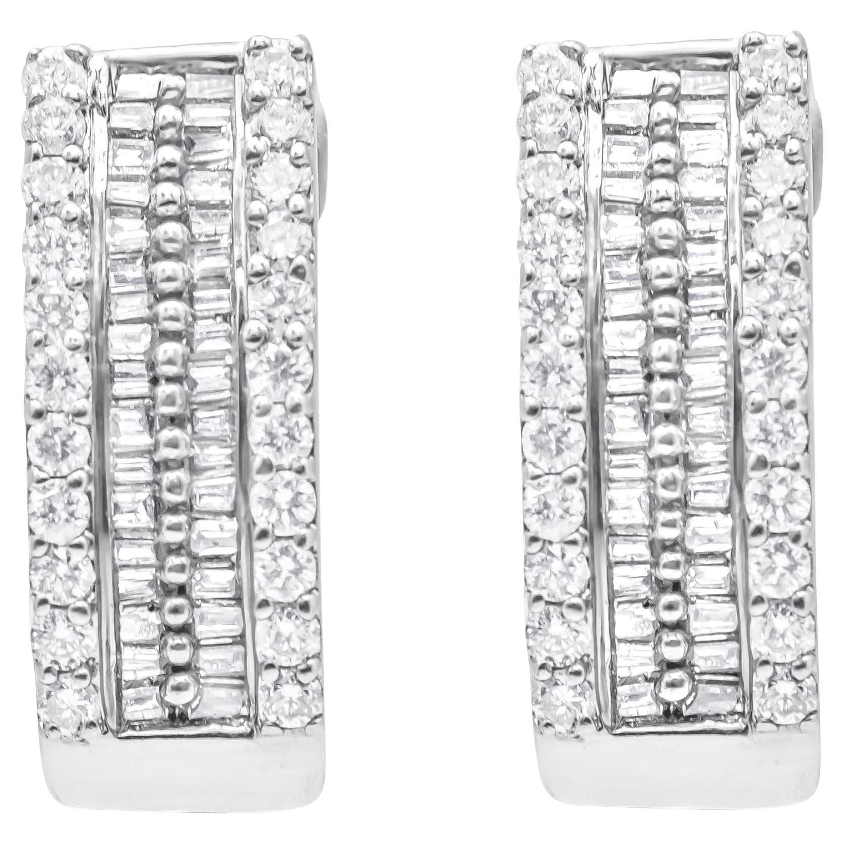 Diamond Hoop Earrings Baguette and Round Cut 1.5 Carats 14K White Gold For Sale