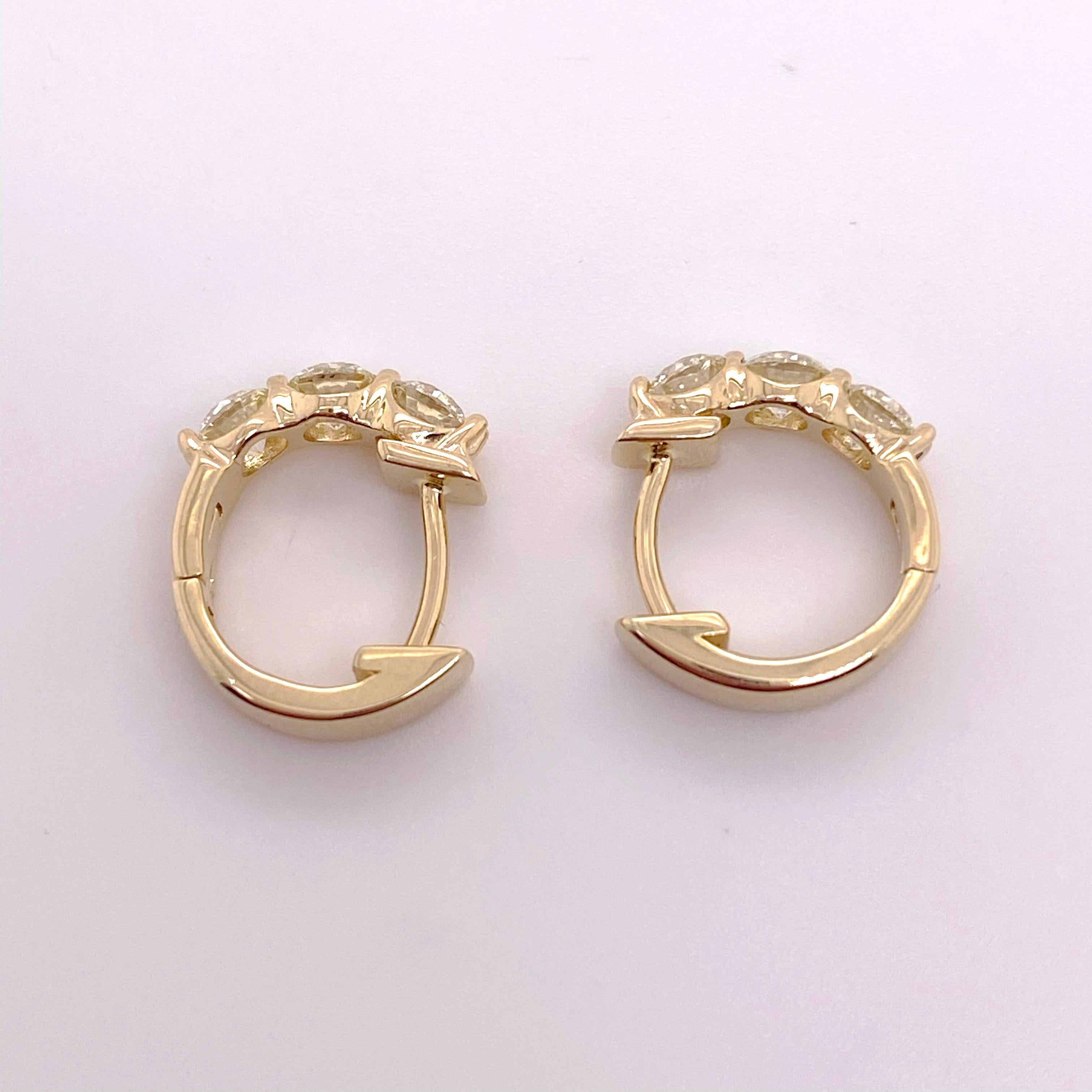 Modern Diamond Huggie Earrings, 1.17 Carats Six Diamond Earrings, Yellow Gold Hoop