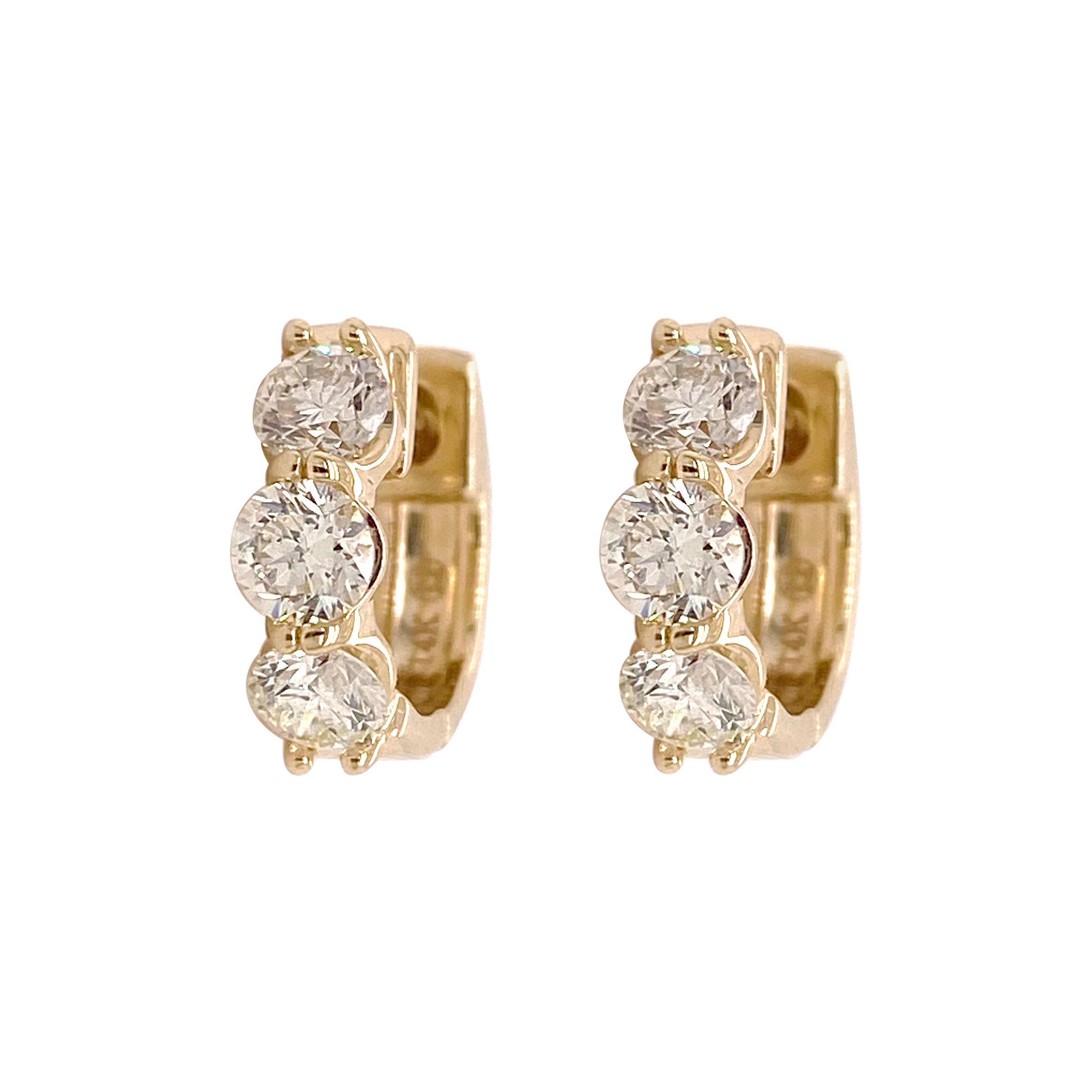 Diamond Huggie Earrings, 1.17 Carats Six Diamond Earrings, Yellow Gold Hoop
