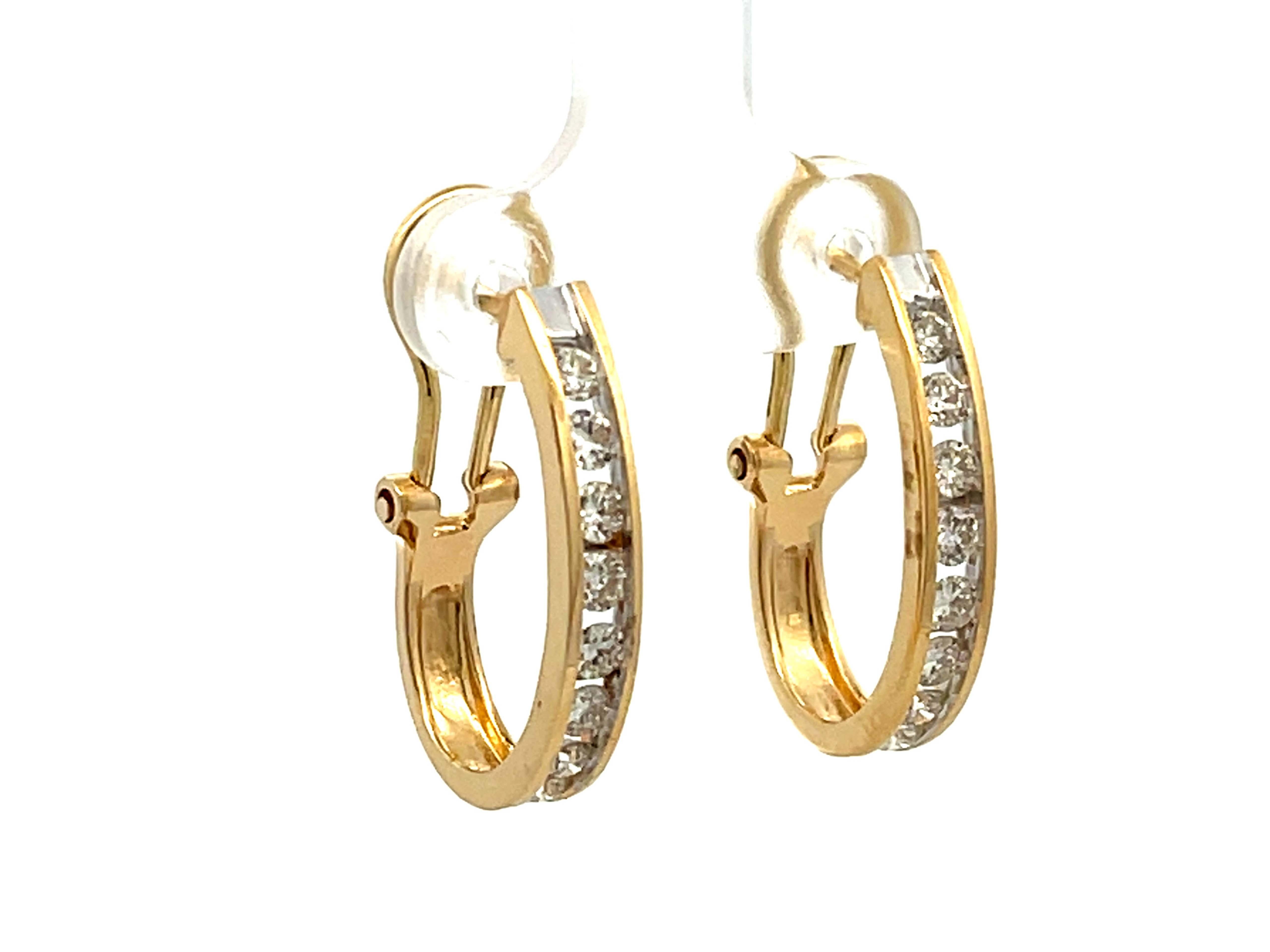 Modern Diamond Hoop Earrings in 14k Yellow Gold For Sale