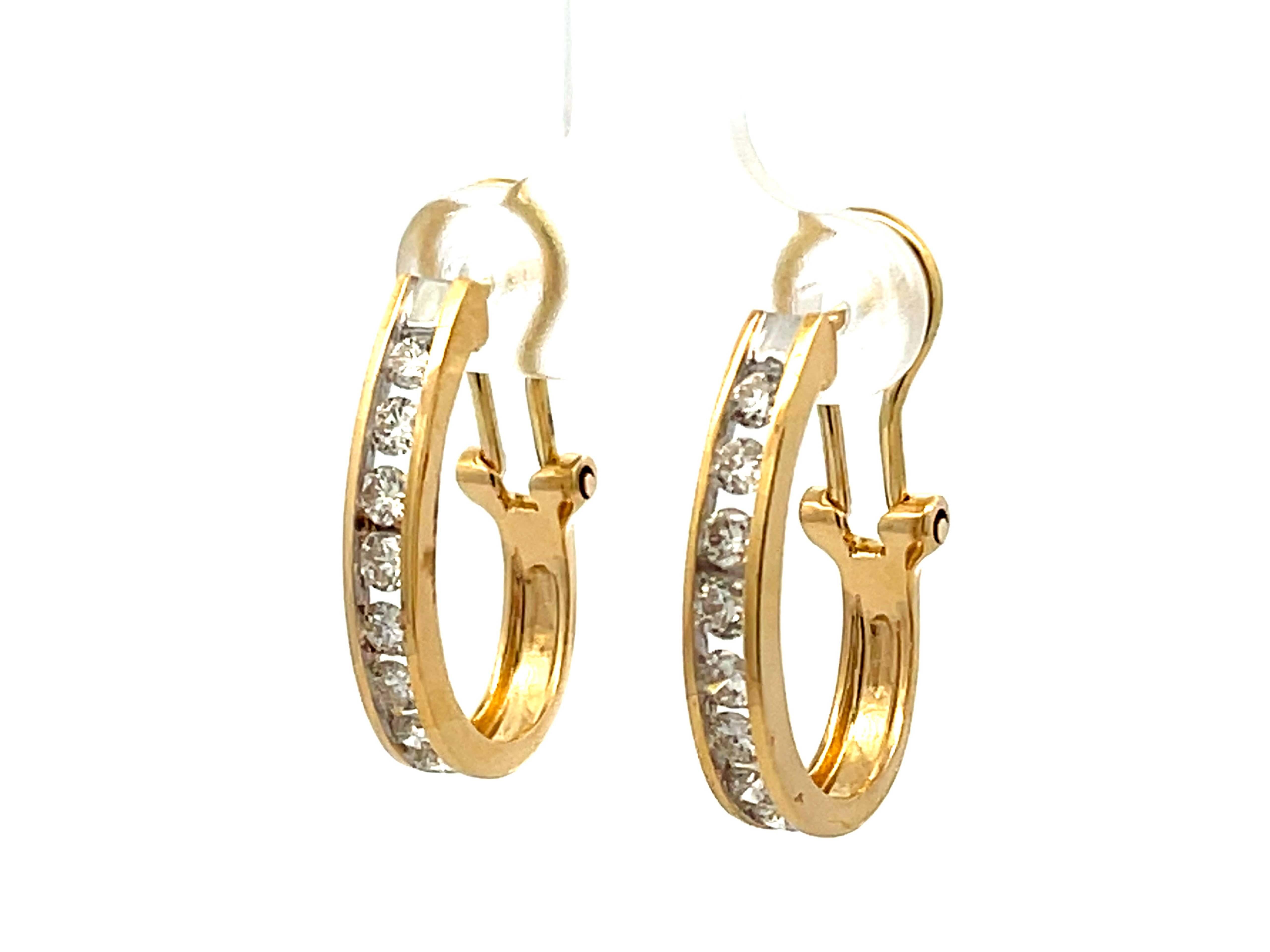 Brilliant Cut Diamond Hoop Earrings in 14k Yellow Gold For Sale