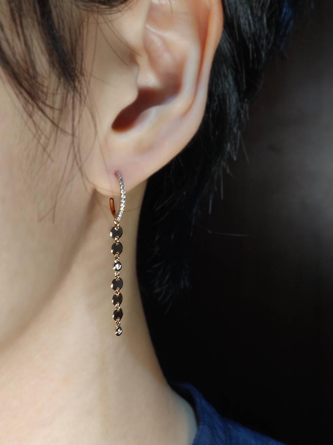 Contemporary Diamond Hoop Earrings in 18k Rose Gold with Dangling Sequins For Sale