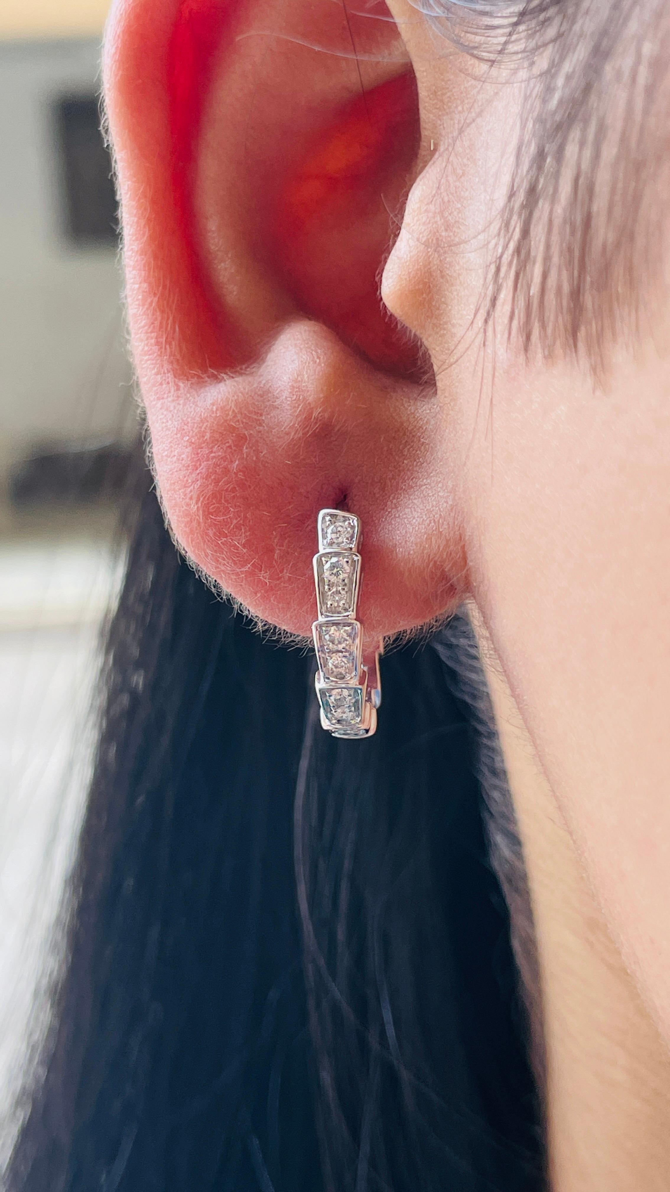 Diamond open C-Hoop Earrings in 18K Solid White Gold In New Condition In Houston, TX