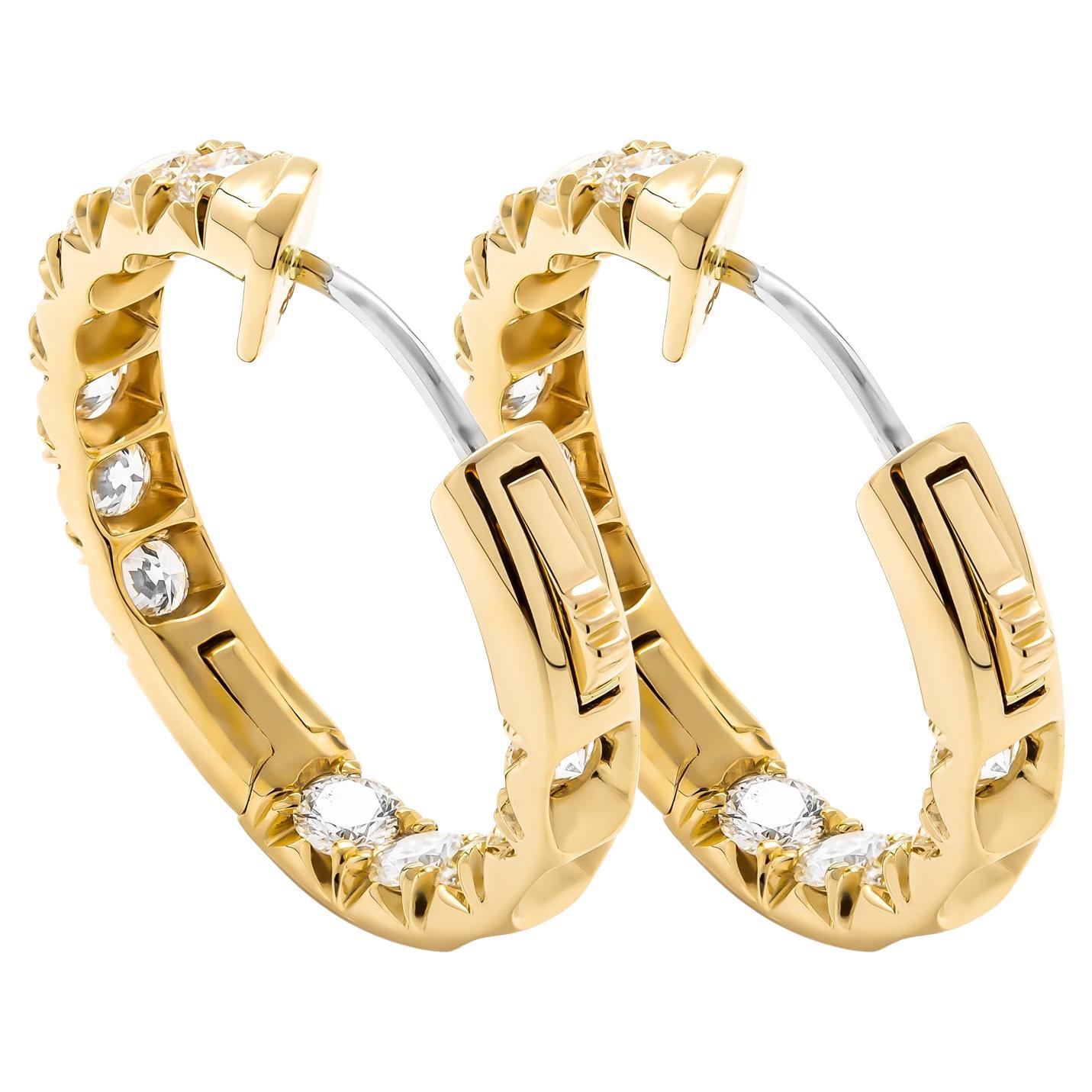 Diamond Hoop Earrings in 18K Yellow Gold 
With 24 white diamond 3.6mm each stone D/E/F color and VS clarity, totaling 4.7ct 
Hoop diameter: 24mm
Thickness: 4.8mm 
Comes in box, appraisal available upon request 
Retail: 20,000$