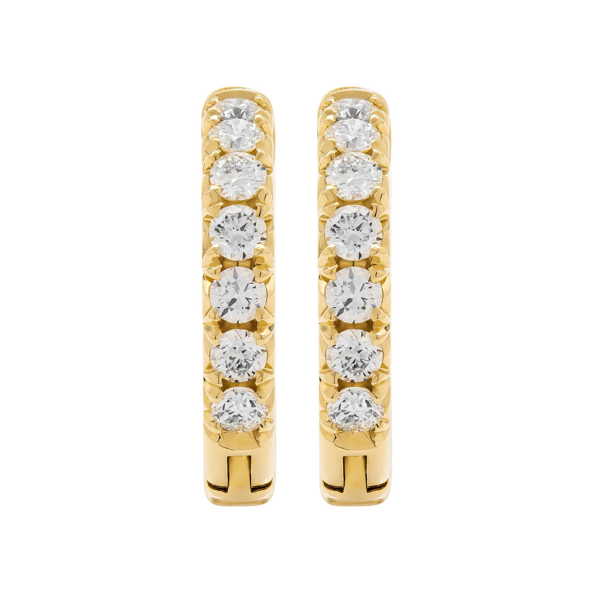 Round Cut Diamond Hoop Earrings in 18K Yellow Gold For Sale