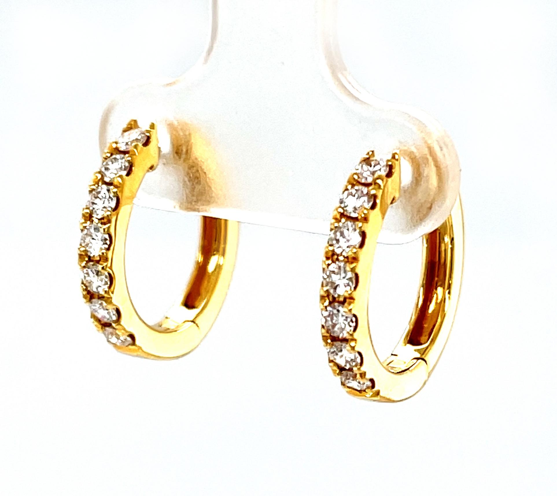 Artisan Diamond Hoop Earrings in 18k Yellow Gold with Hinged Backs, .48 Carats Total For Sale