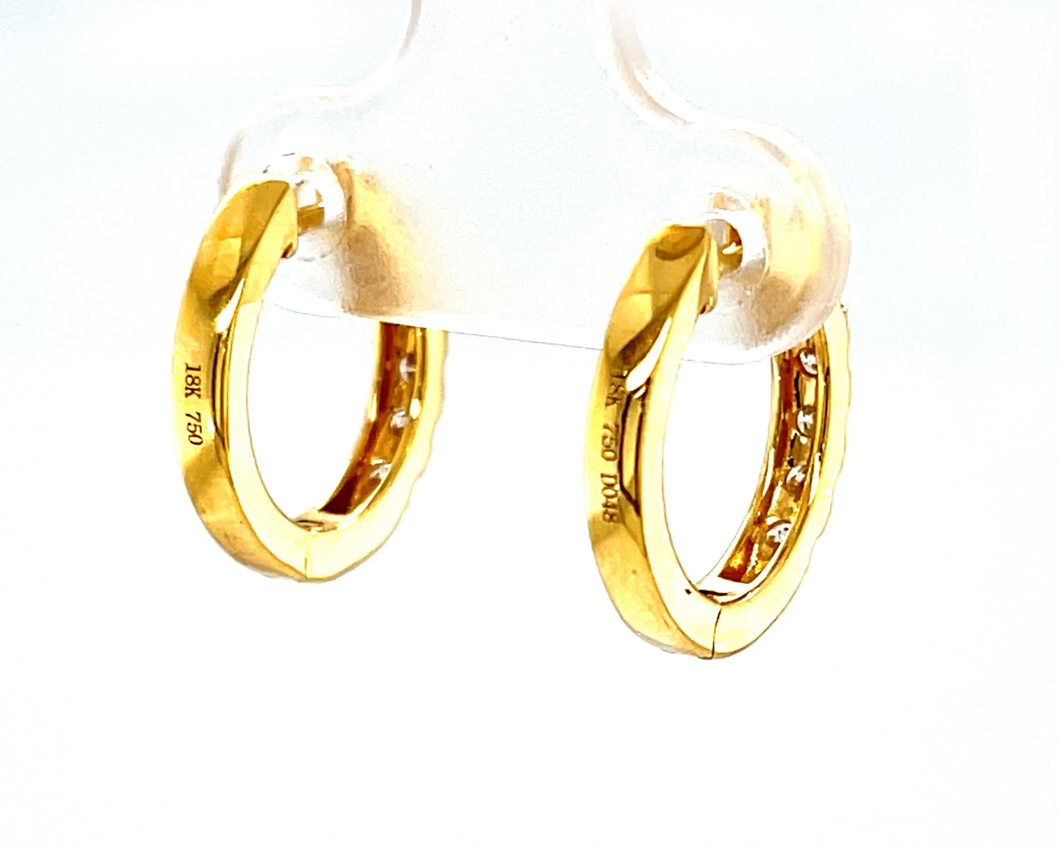 Round Cut Diamond Hoop Earrings in 18k Yellow Gold with Hinged Backs, .48 Carats Total For Sale