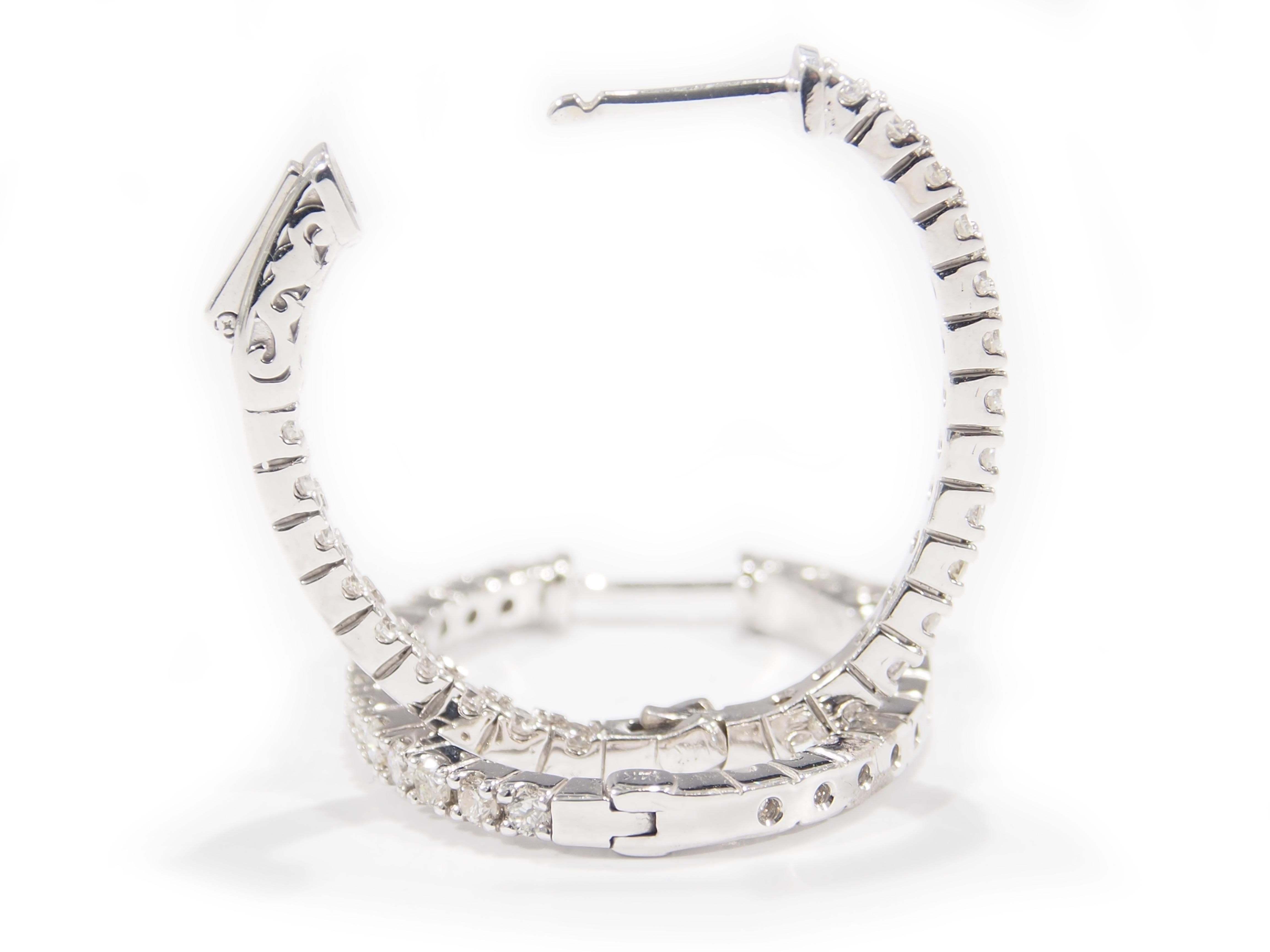 Modern Diamond Hoop Earrings Oval Shape 14 Karat White Gold 1.49 Carat