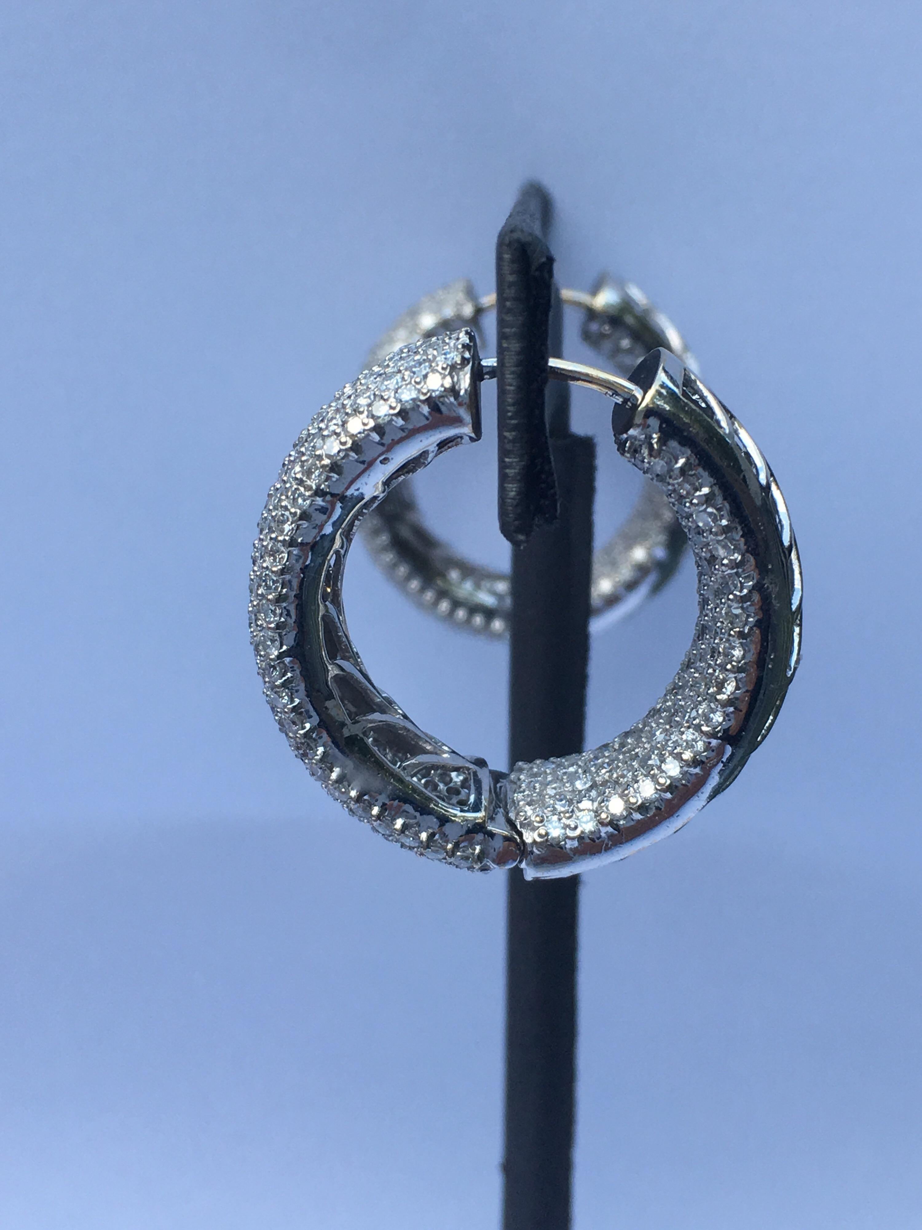 Round Cut Diamond Hoop Earrings Set in 18 Karat White Gold