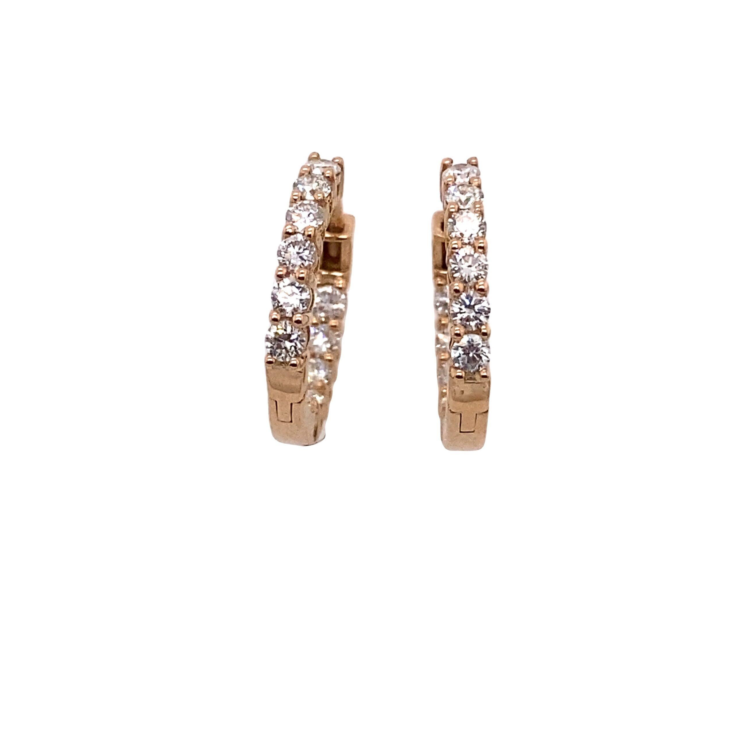 Round Cut Diamond Hoop Earrings Set with 11 Diamonds in Each Earring in 18ct Rose Gold For Sale