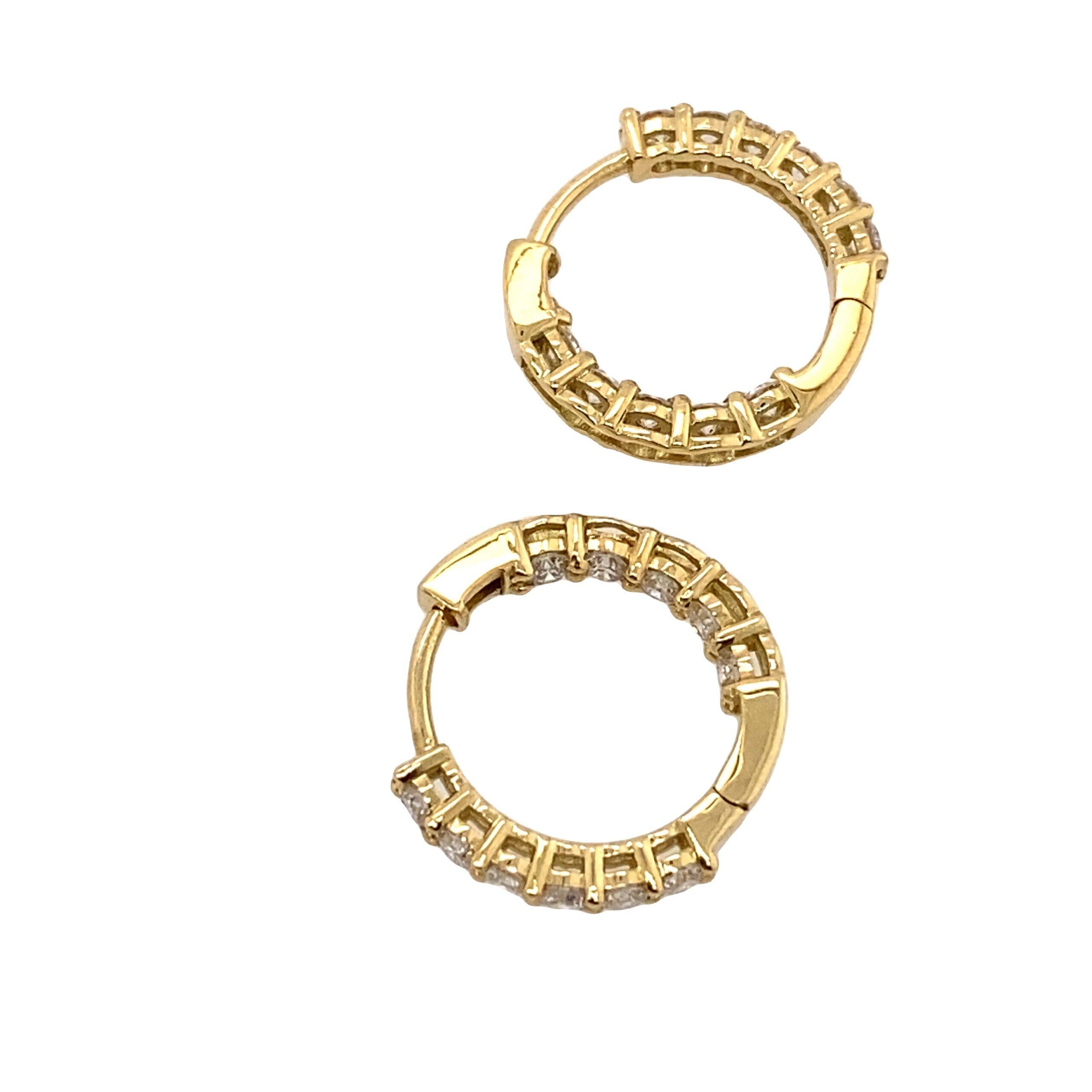 Round Cut Diamond Hoop Earrings Set with 11 Diamonds in Each Earring in 18ct Yellow Gold For Sale