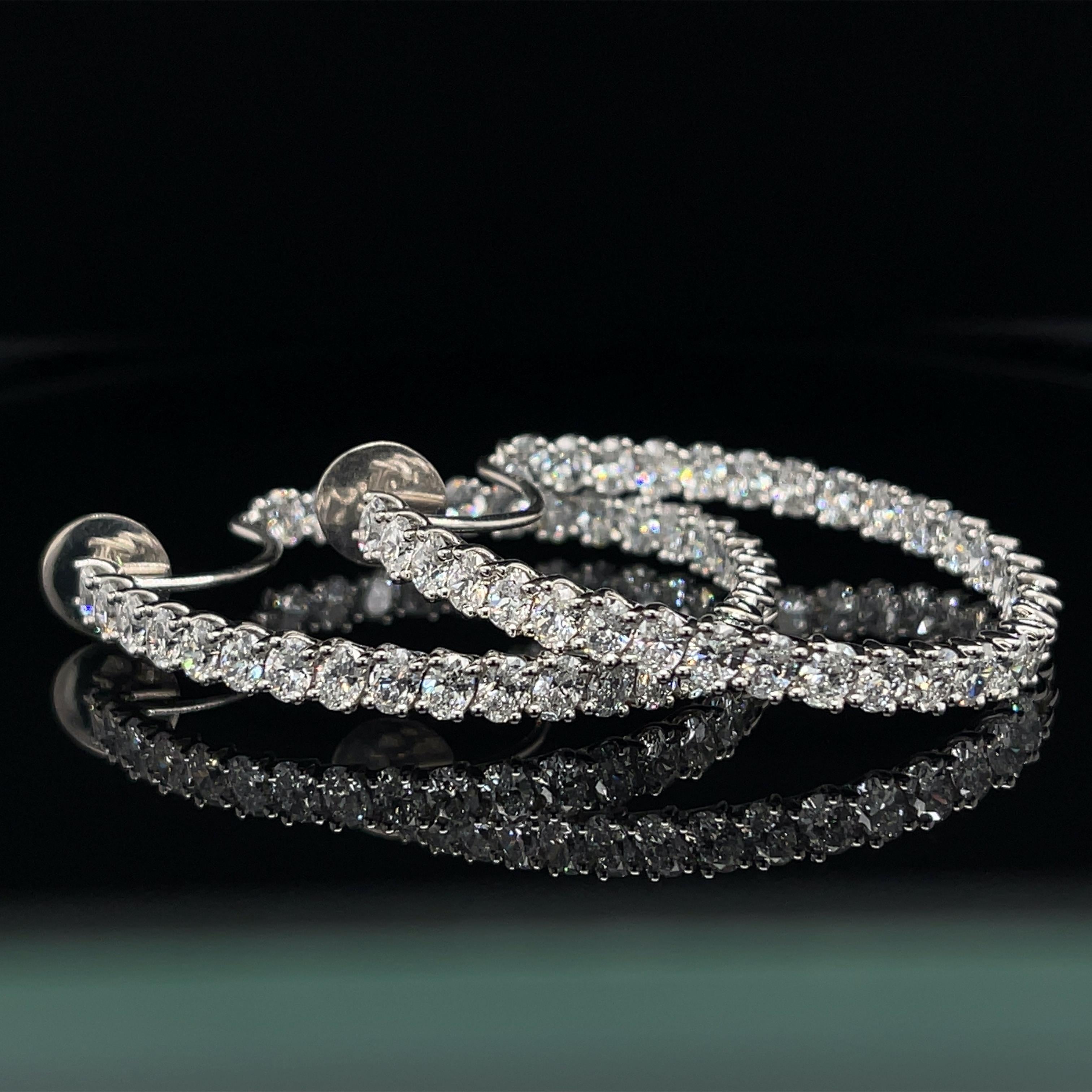Diamond Hoop Earrings Set with 64 Oval Cut Diamonds 9.33 Carats Total In Excellent Condition In Laguna Niguel, CA