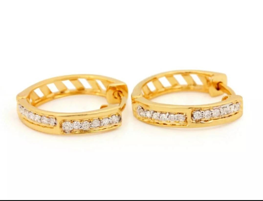 Art Deco Diamond Hoop Earrings Solid 14K Gold Genuine Handmade Fine Jewelry Gift 1 Pair. For Sale