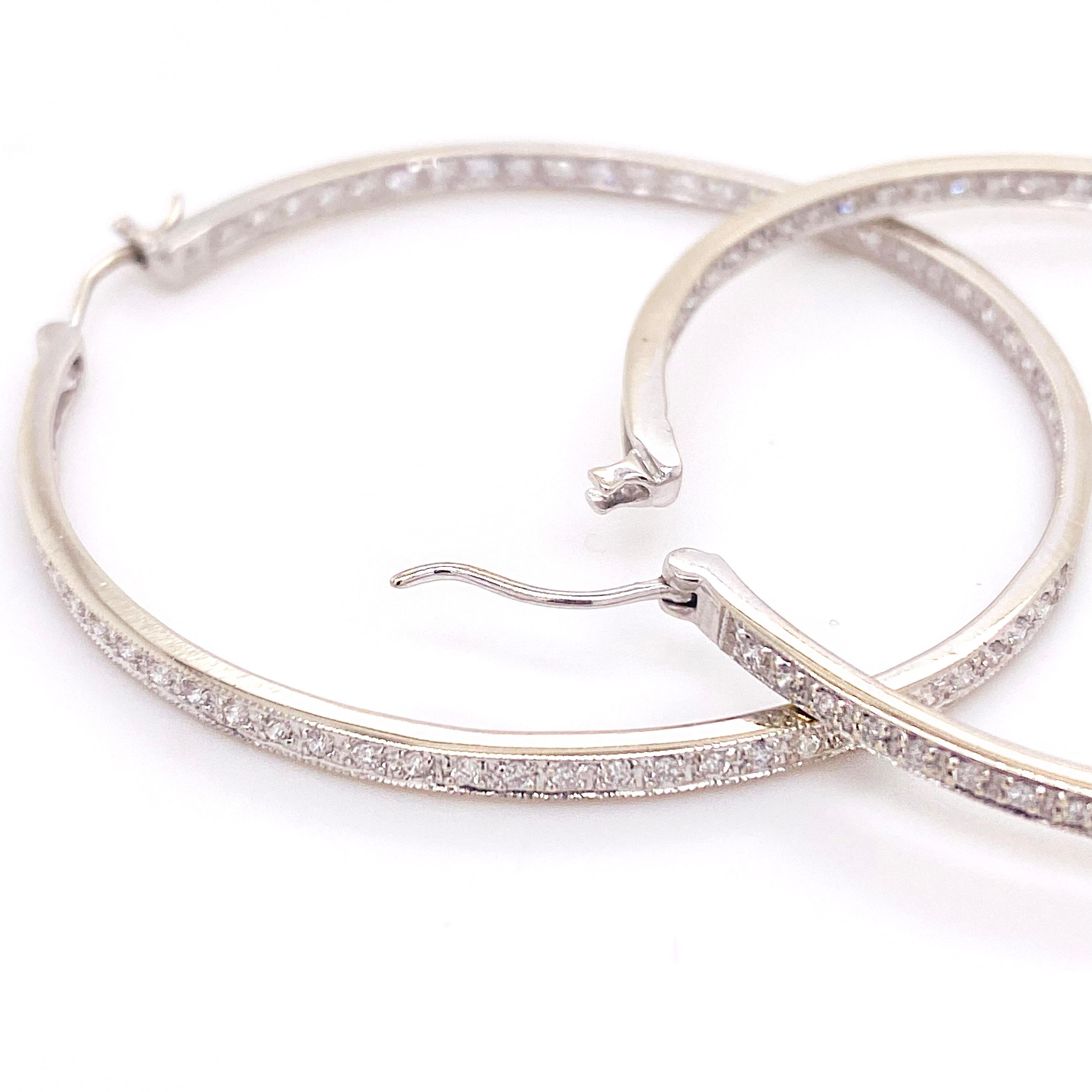 Round Cut Diamond Hoop Earrings, White Gold, Inside Out Hoops For Sale