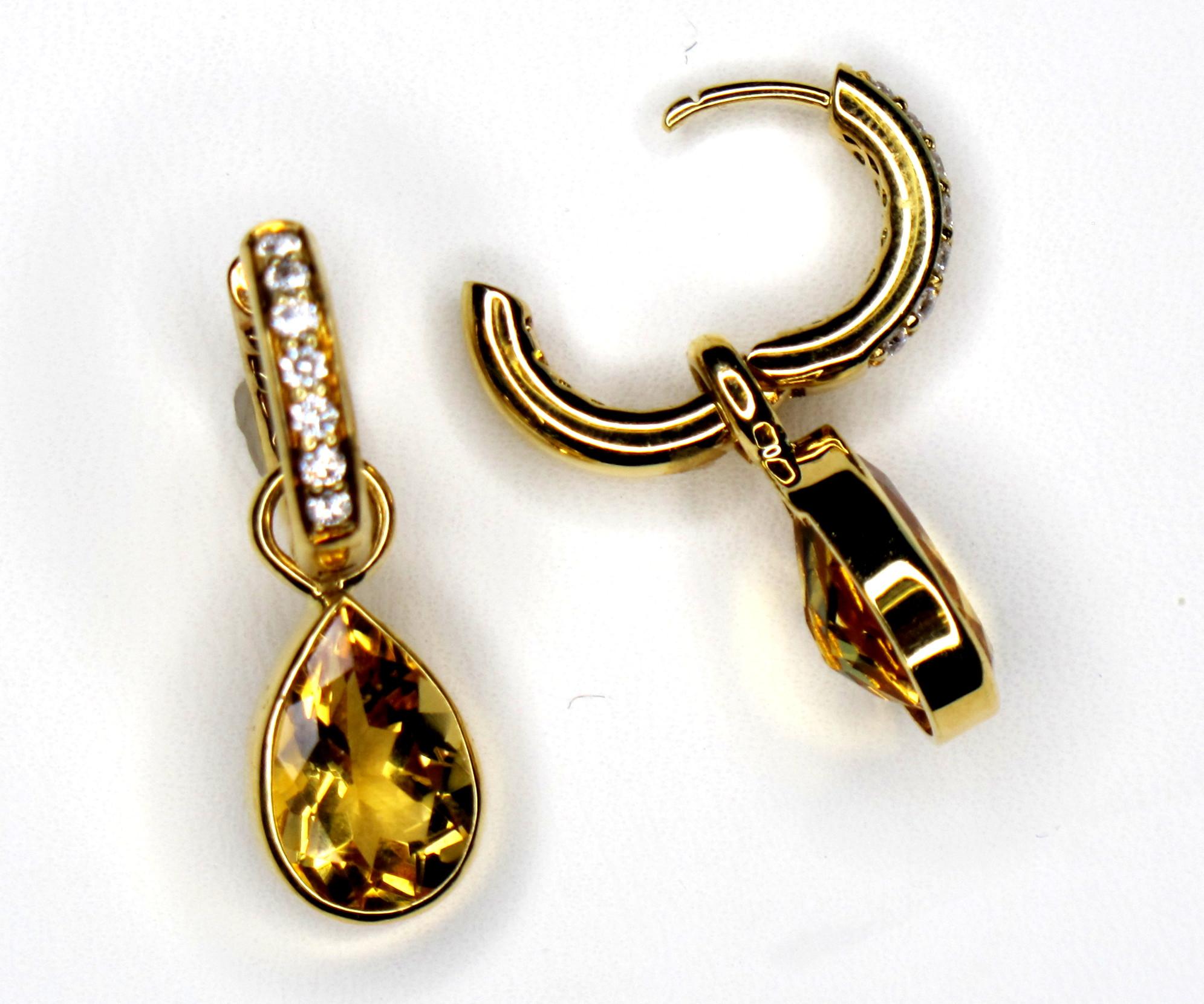 Diamond Hoop Earrings with Bezel Set Citrine Dangles 18 Karat Yellow Gold In New Condition In Los Angeles, CA