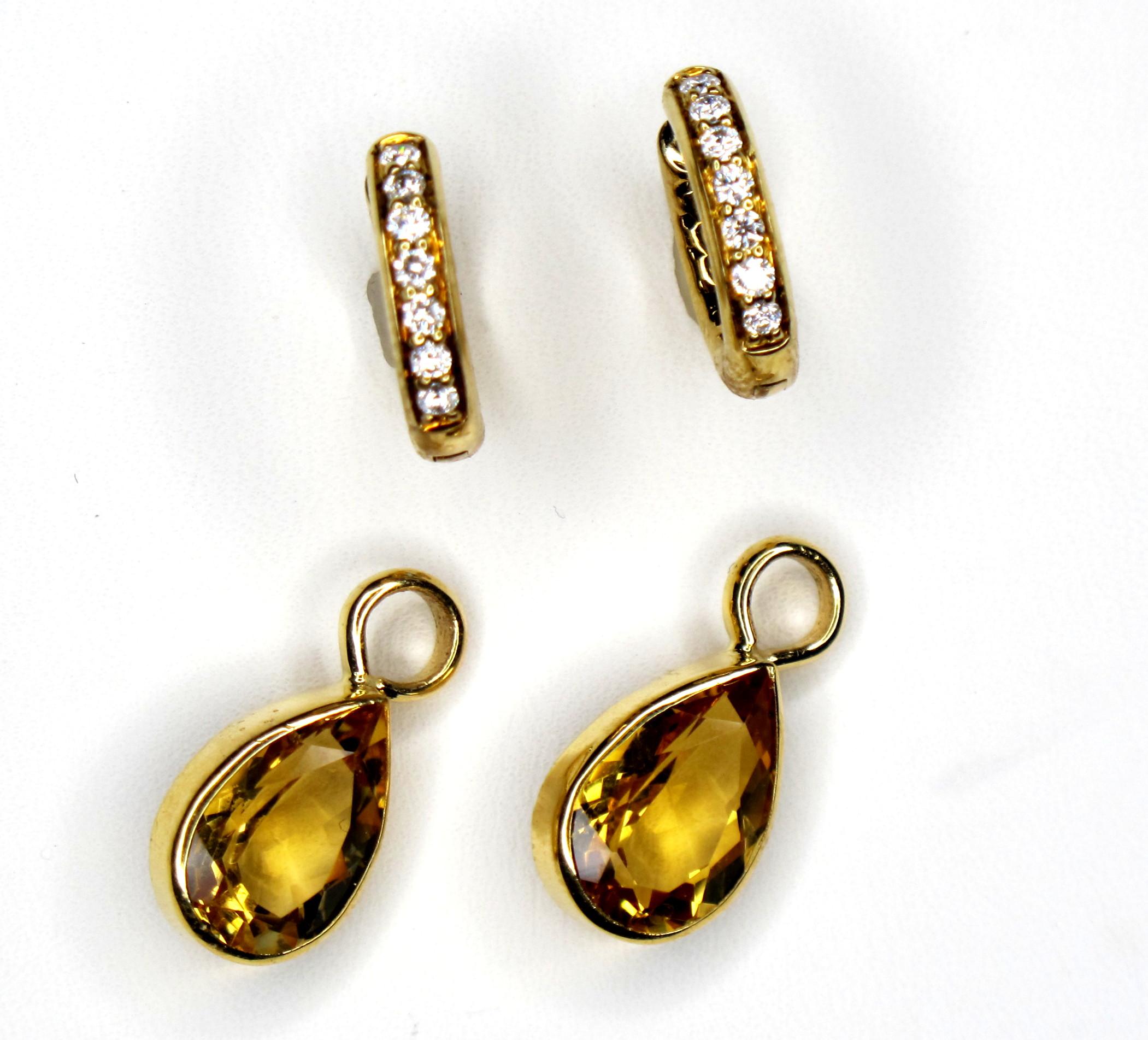 Women's Diamond Hoop Earrings with Bezel Set Citrine Dangles 18 Karat Yellow Gold