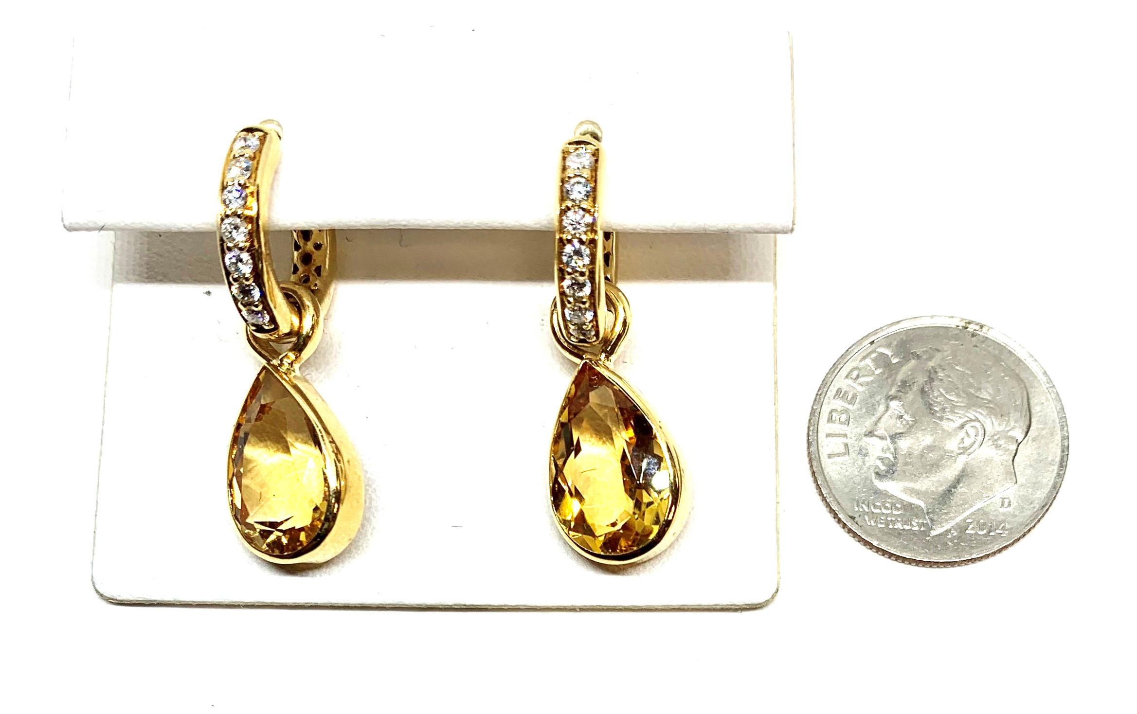 Diamond Hoop Earrings with Bezel Set Citrine Dangles 18 Karat Yellow Gold 1