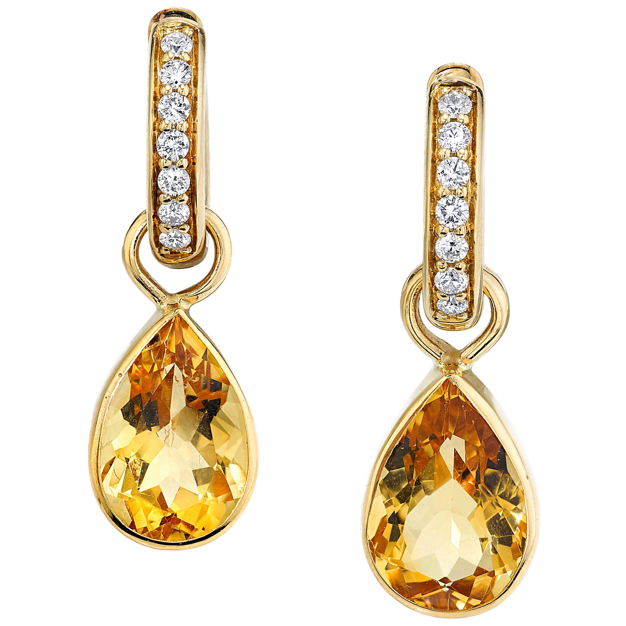 Diamond Hoop Earrings with Bezel Set Citrine Dangles 18 Karat Yellow Gold