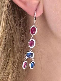 Diamond Cabochon Ruby Sapphire Hoop Two Inch Long Earrings Weighing 17.06 Carat