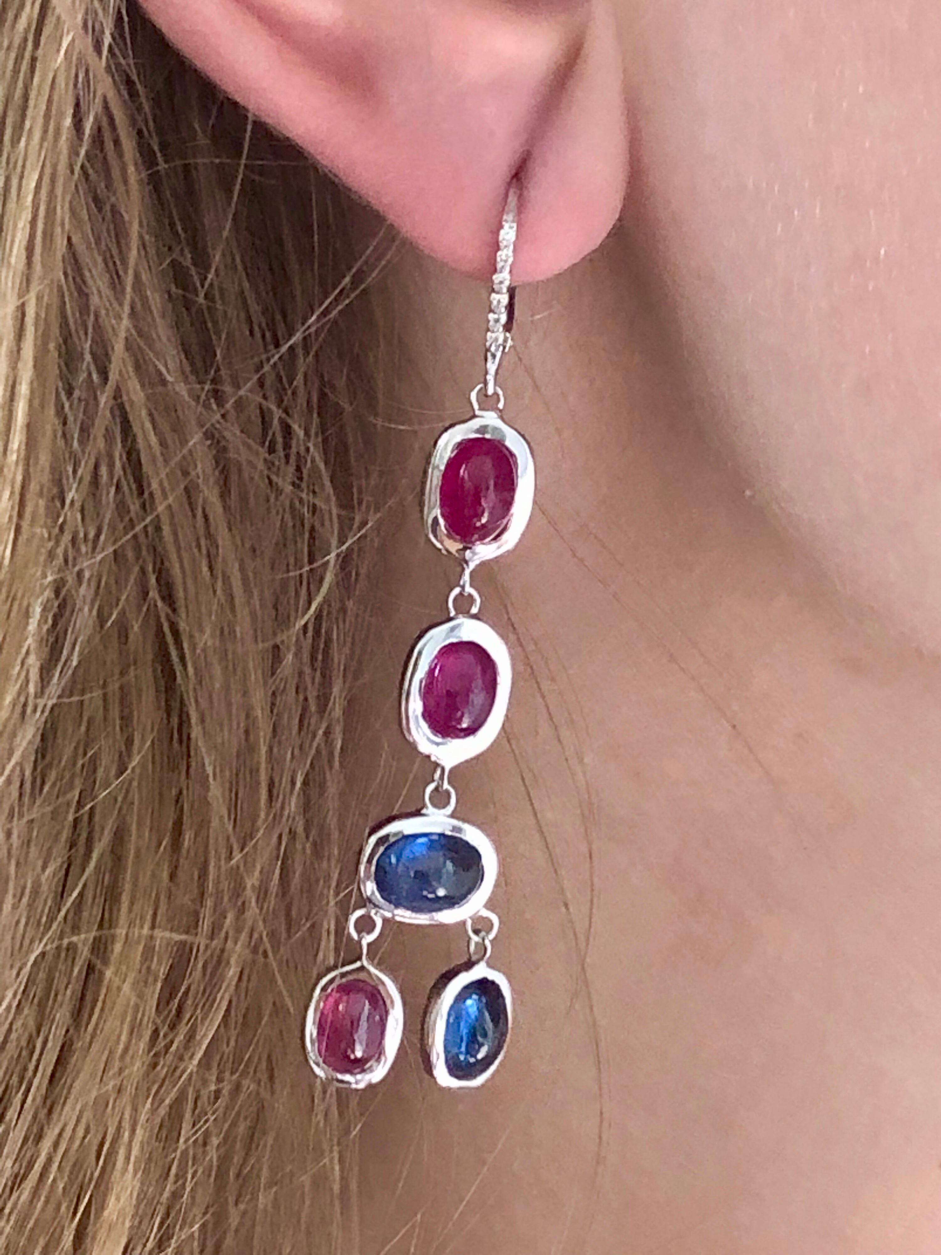 Contemporary Diamond Cabochon Ruby Sapphire Hoop Two Inch Long Earrings Weighing 17.06 Carat