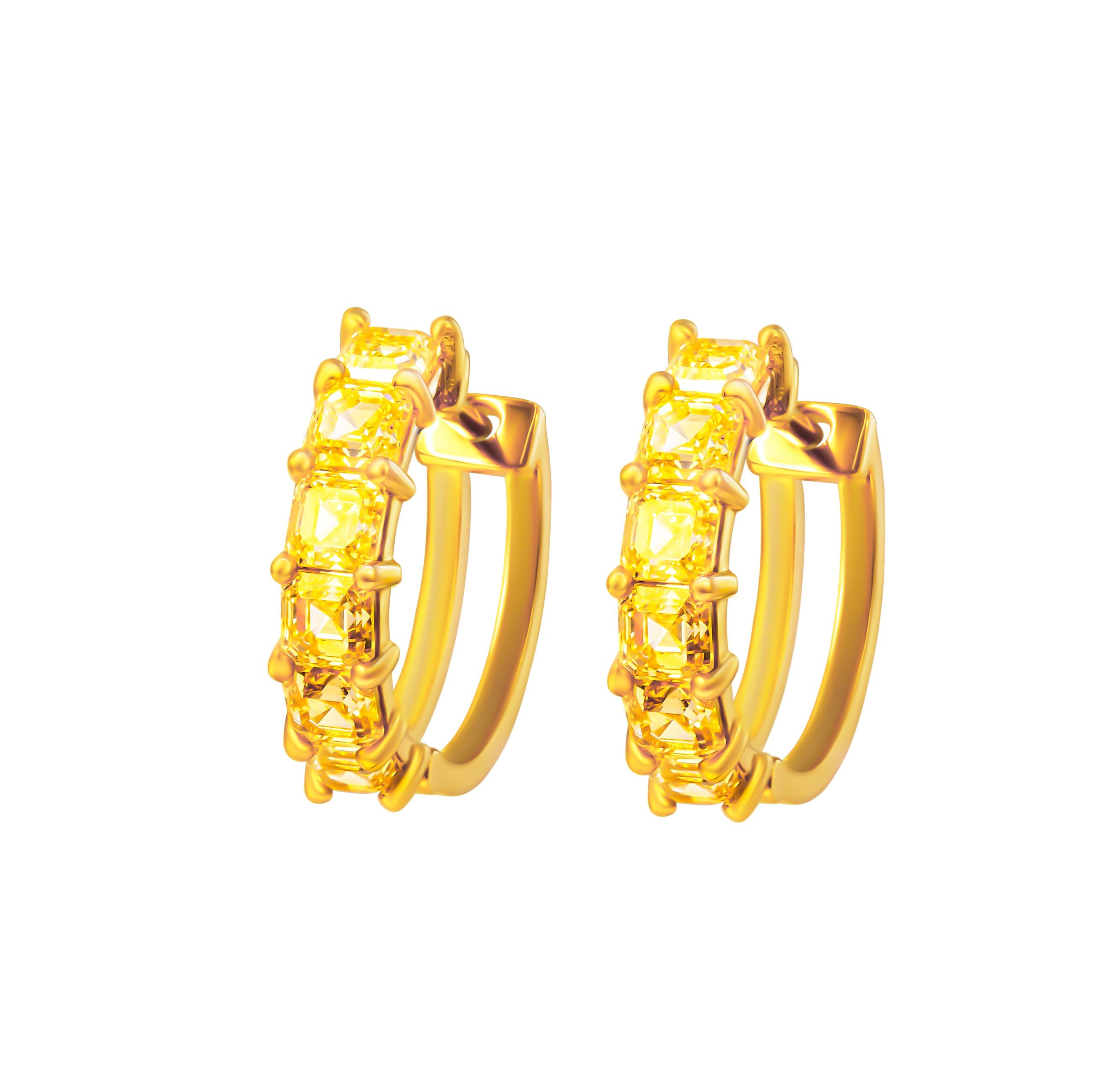 Elevate your style with our extraordinary Fancy Yellow Asscher-cut hoops earrings, crafted in luxurious 18K yellow gold. Each earring boasts a dazzling Asscher-cut diamond weighing 0.32 carats, totaling 3.78 carats collectively. Adorned with 12