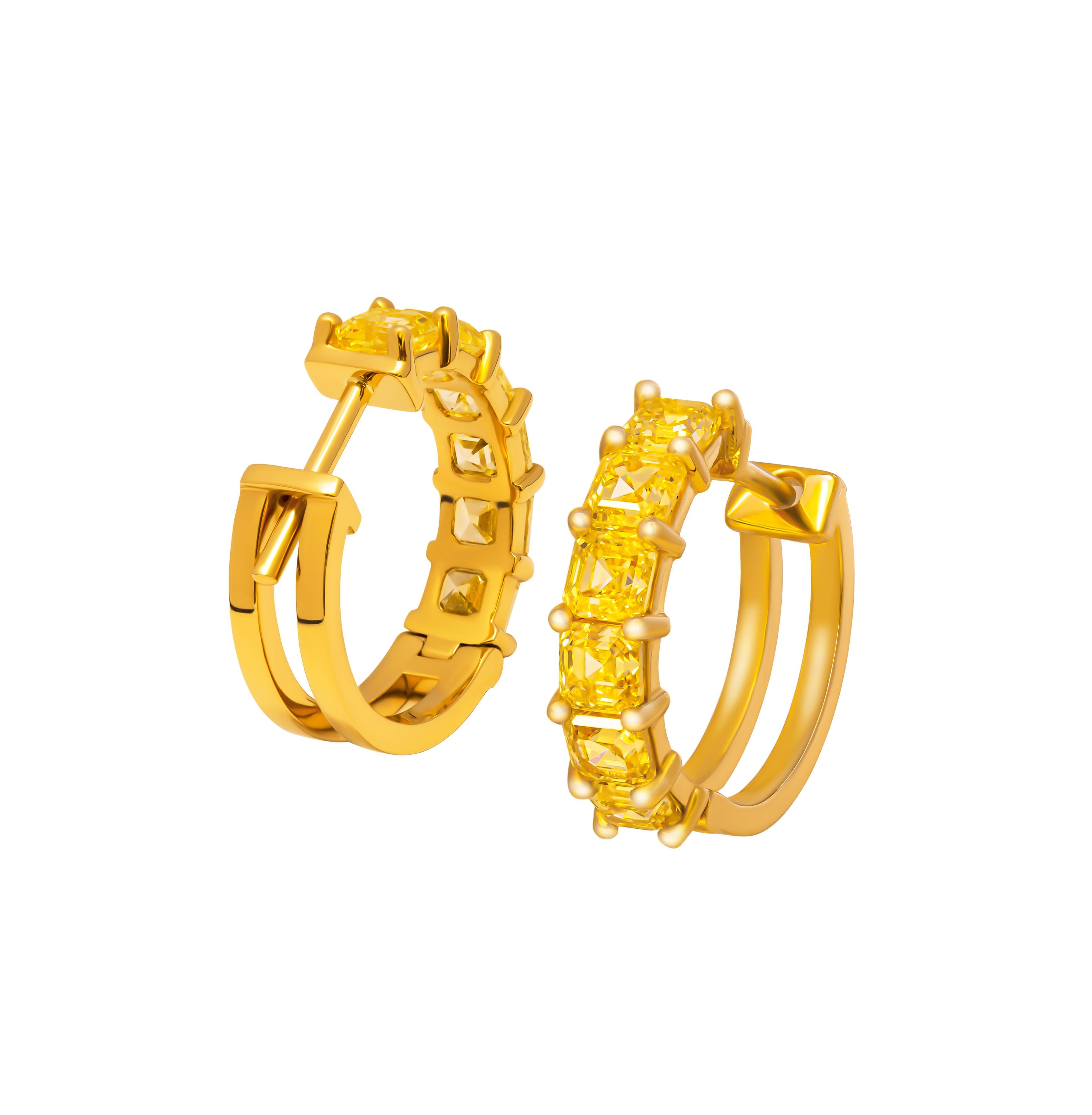 Modern Diamond Hoop Earrings with Fancy Yellow Asscher Cuts For Sale