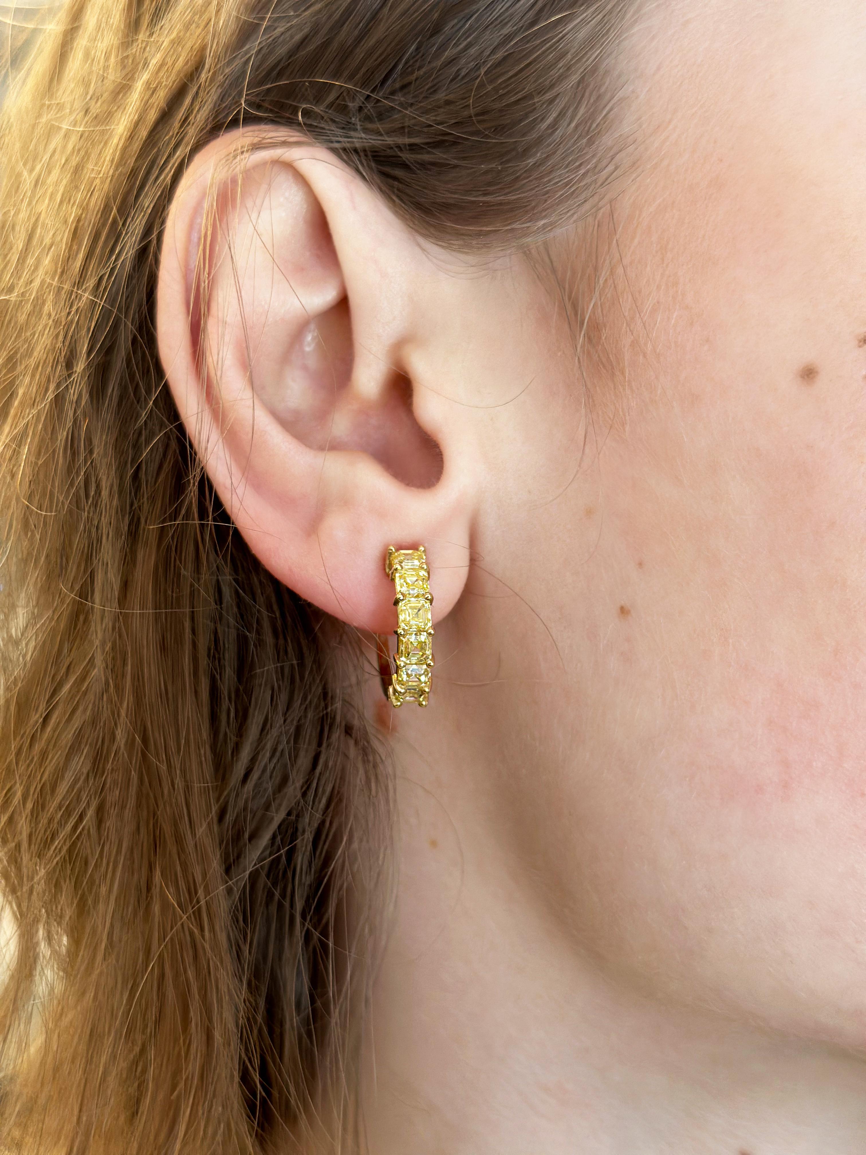 Women's or Men's Diamond Hoop Earrings with Fancy Yellow Asscher Cuts For Sale