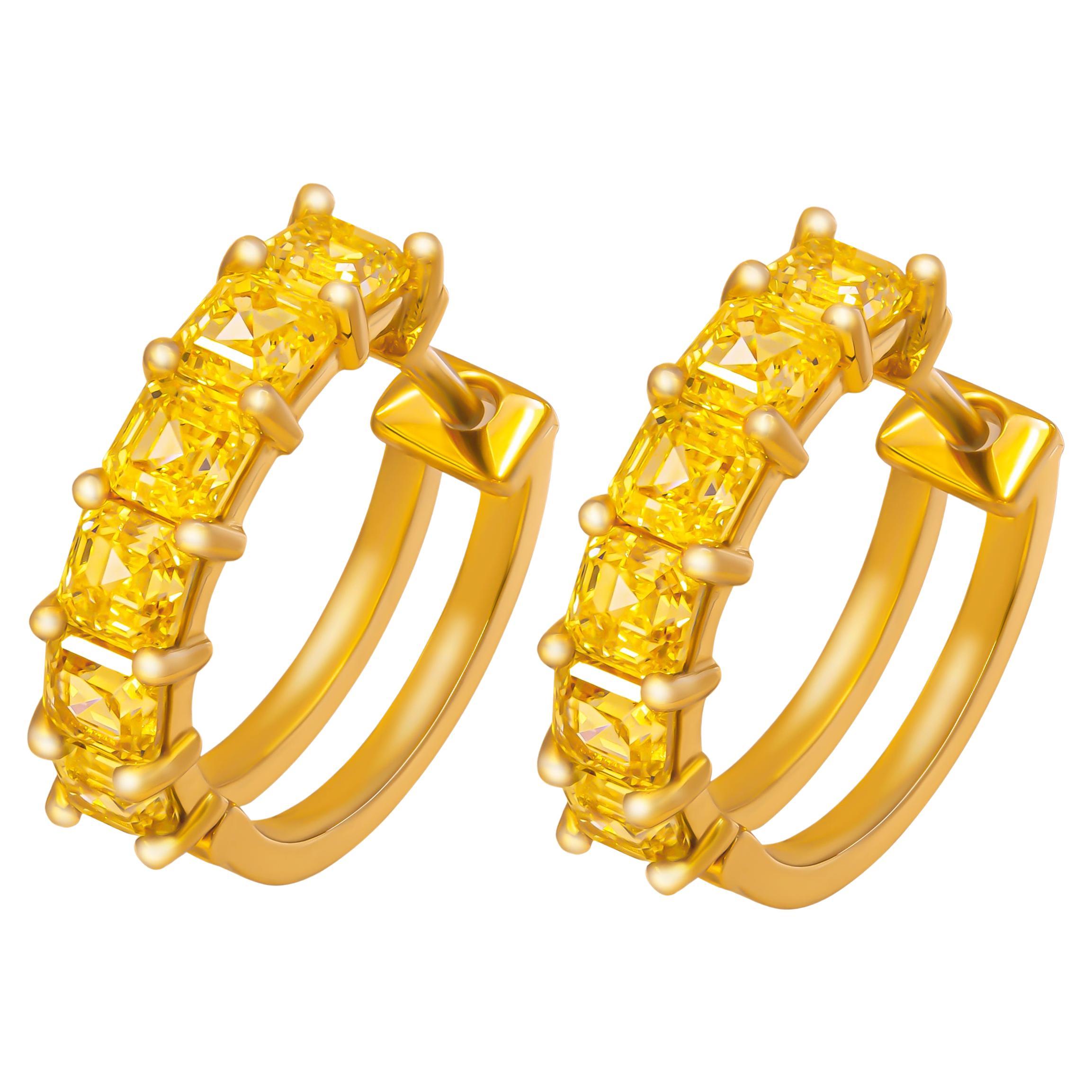 Diamond Hoop Earrings with Fancy Yellow Asscher Cuts For Sale