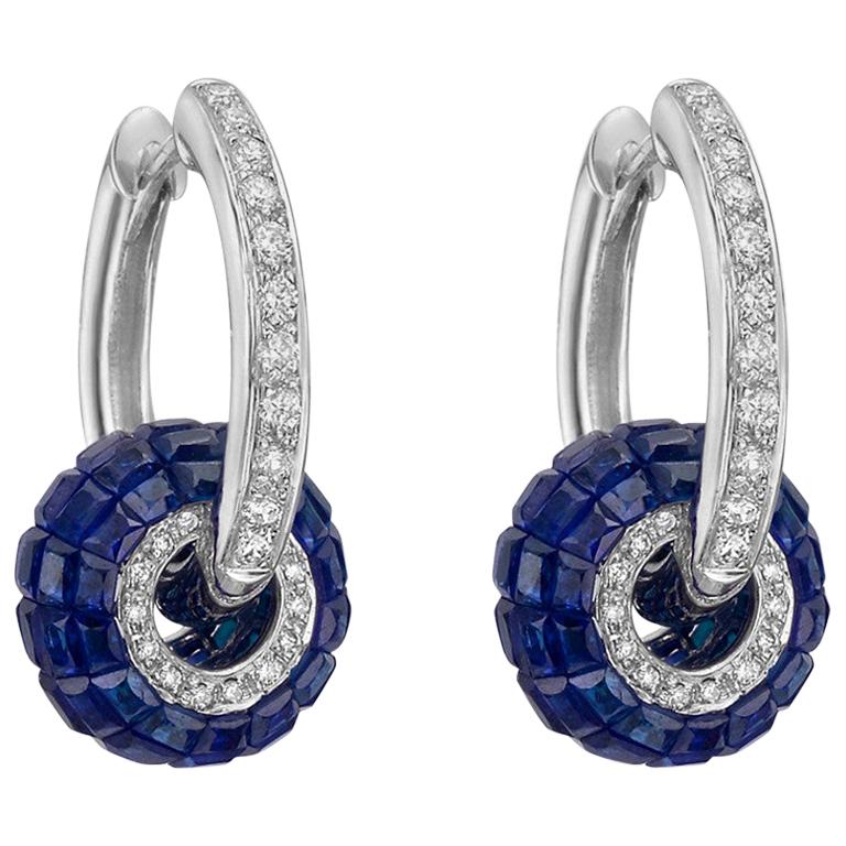 Diamond Hoop Earrings with Invisibly-Set Sapphire Ring For Sale