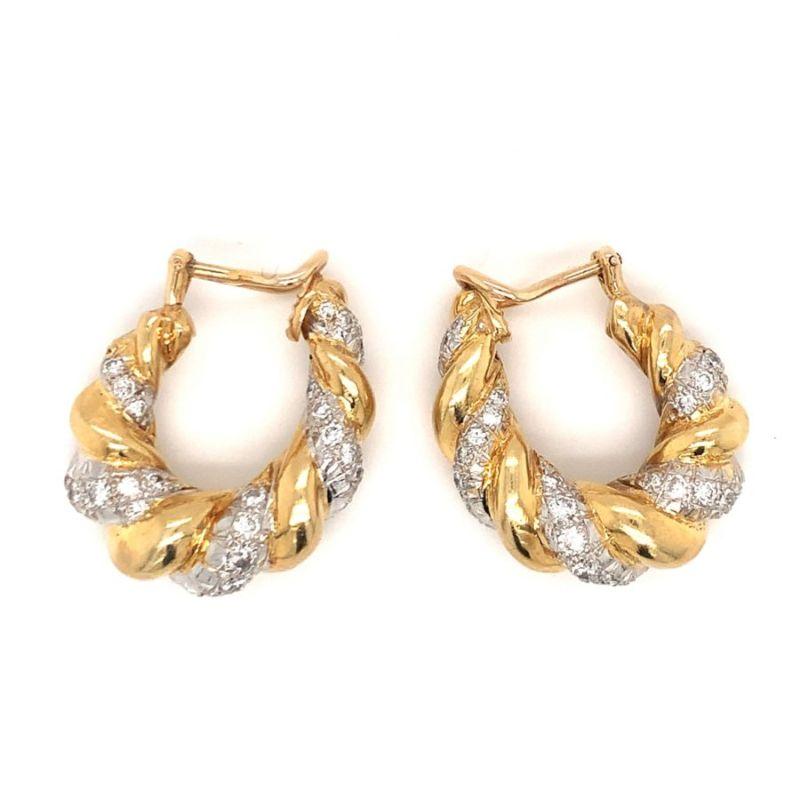 Diamond Hoop Gold Earrings, circa 1970s In Good Condition In Beverly Hills, CA