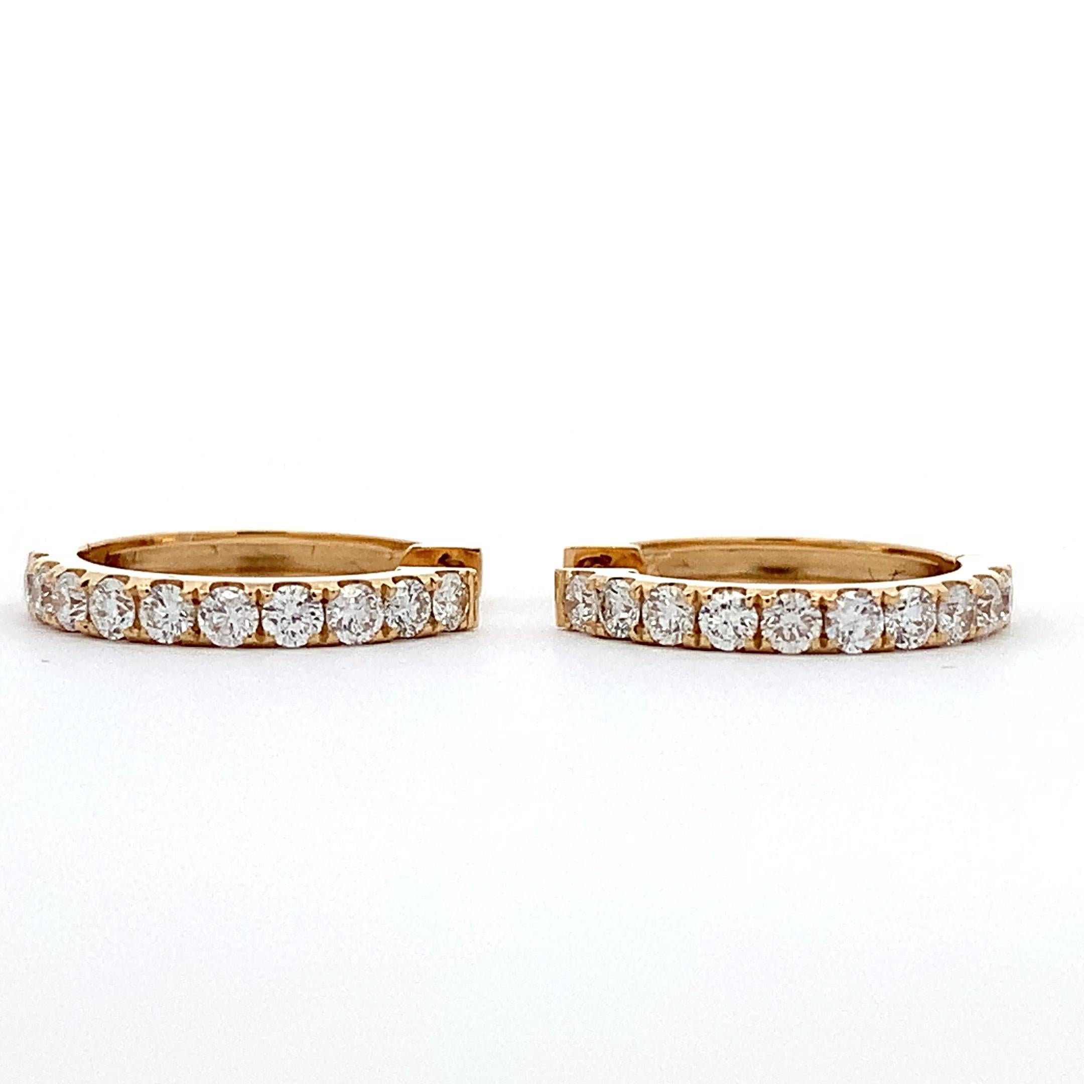 Round Cut Diamond hoop huggie earrings 18k yellow gold For Sale