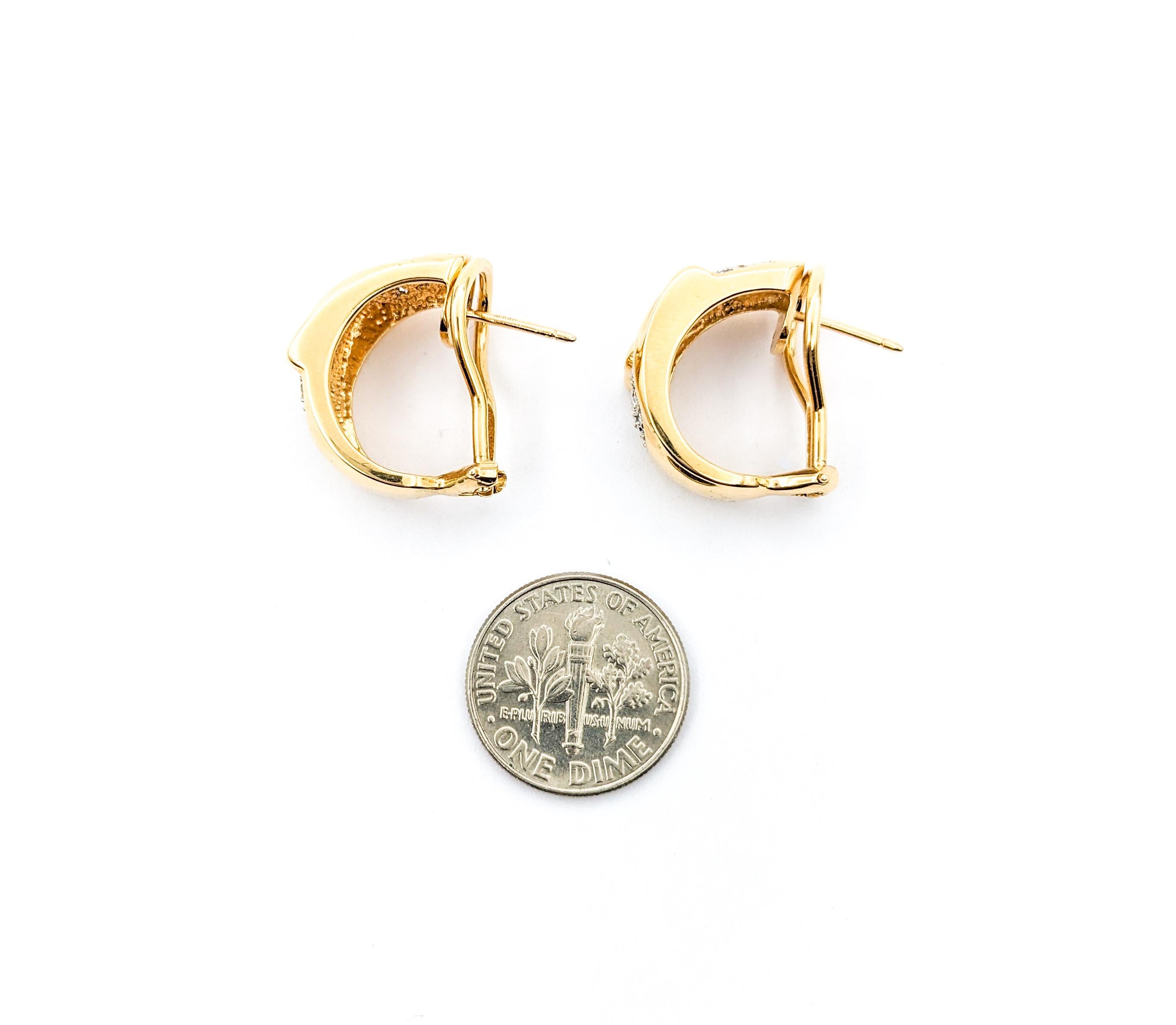 Contemporary Diamond Hoop Omega Back Earrings In Yellow Gold For Sale