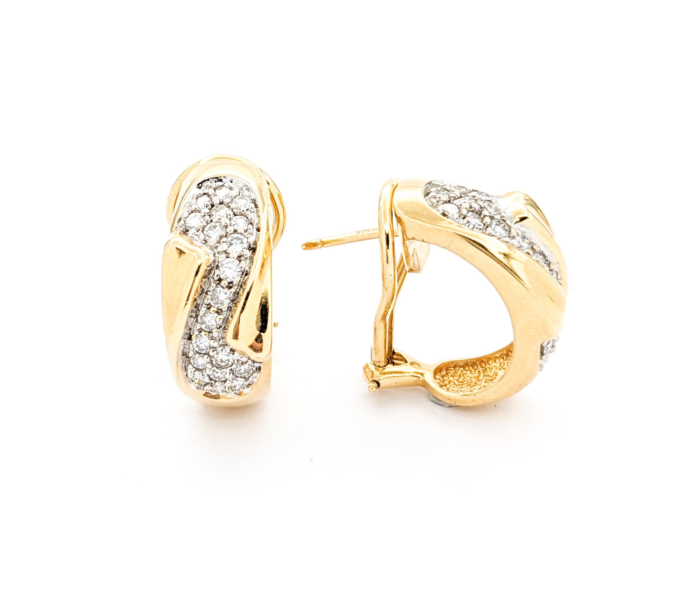 Diamond Hoop Omega Back Earrings In Yellow Gold In Excellent Condition For Sale In Bloomington, MN