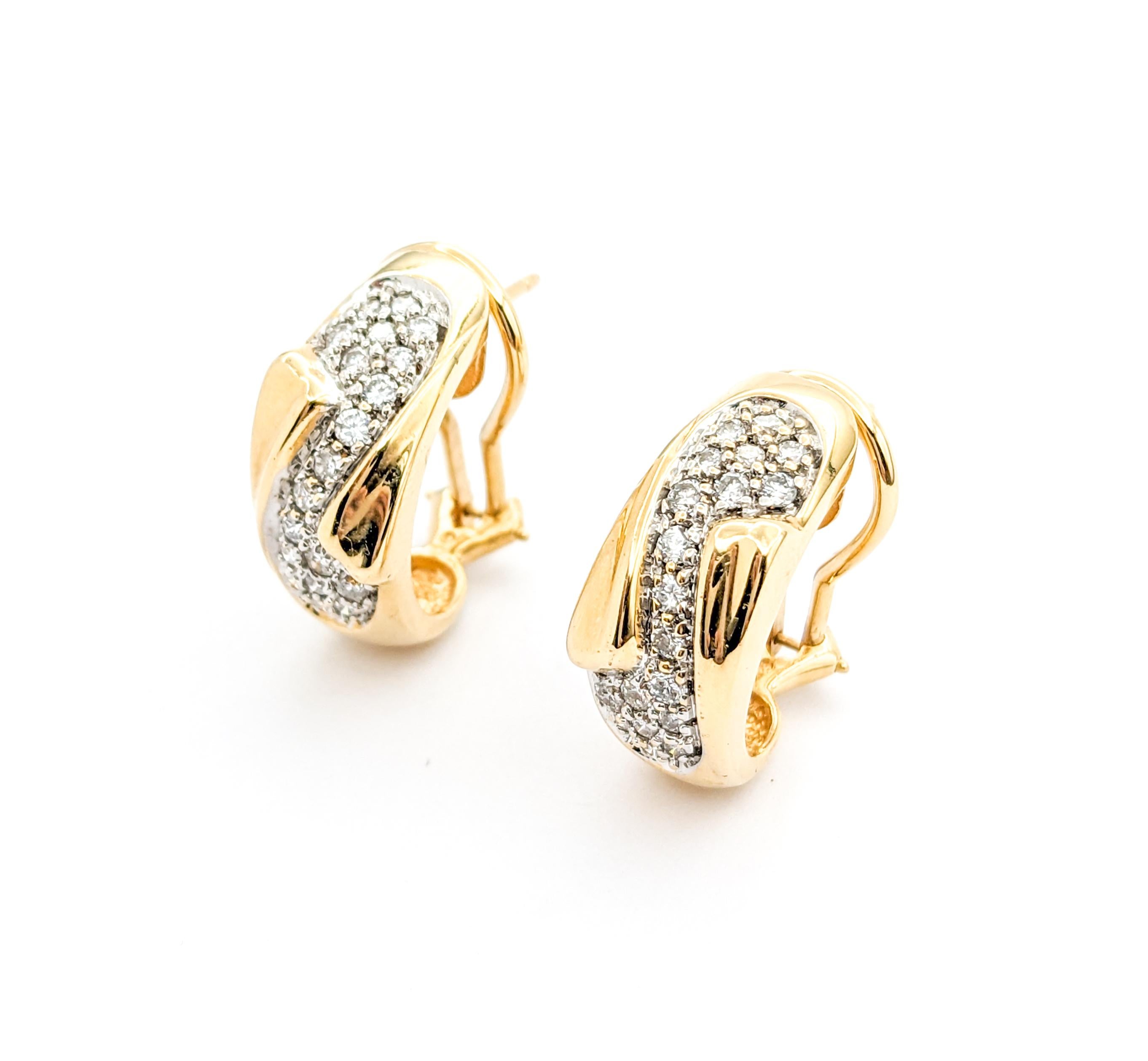 Women's Diamond Hoop Omega Back Earrings In Yellow Gold For Sale