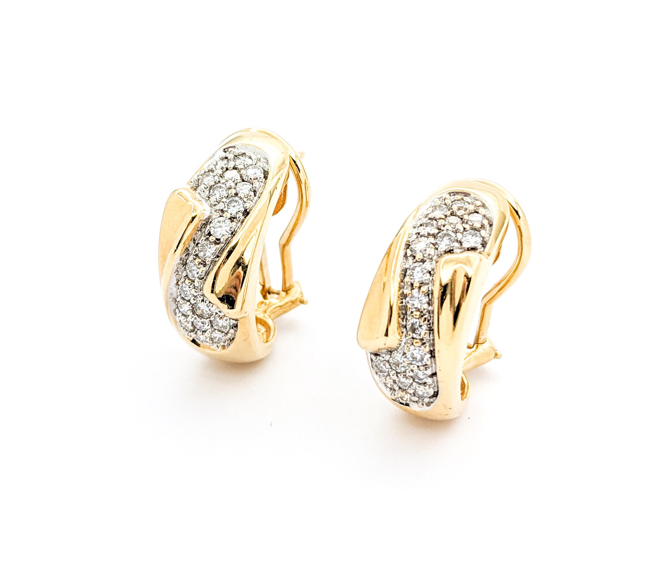 Diamond Hoop Omega Back Earrings In Yellow Gold For Sale 1
