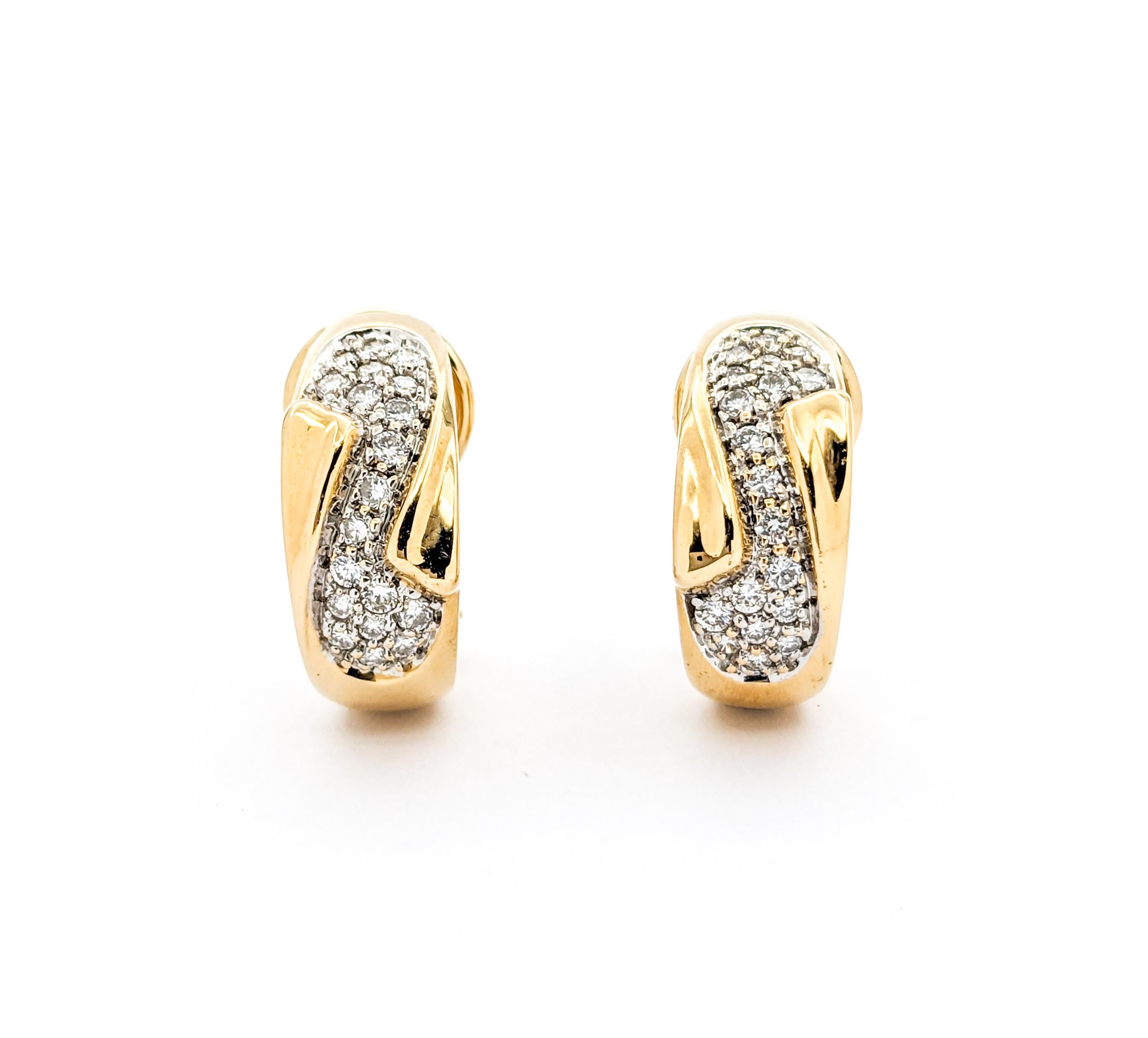 Diamond Hoop Omega Back Earrings In Yellow Gold For Sale 2