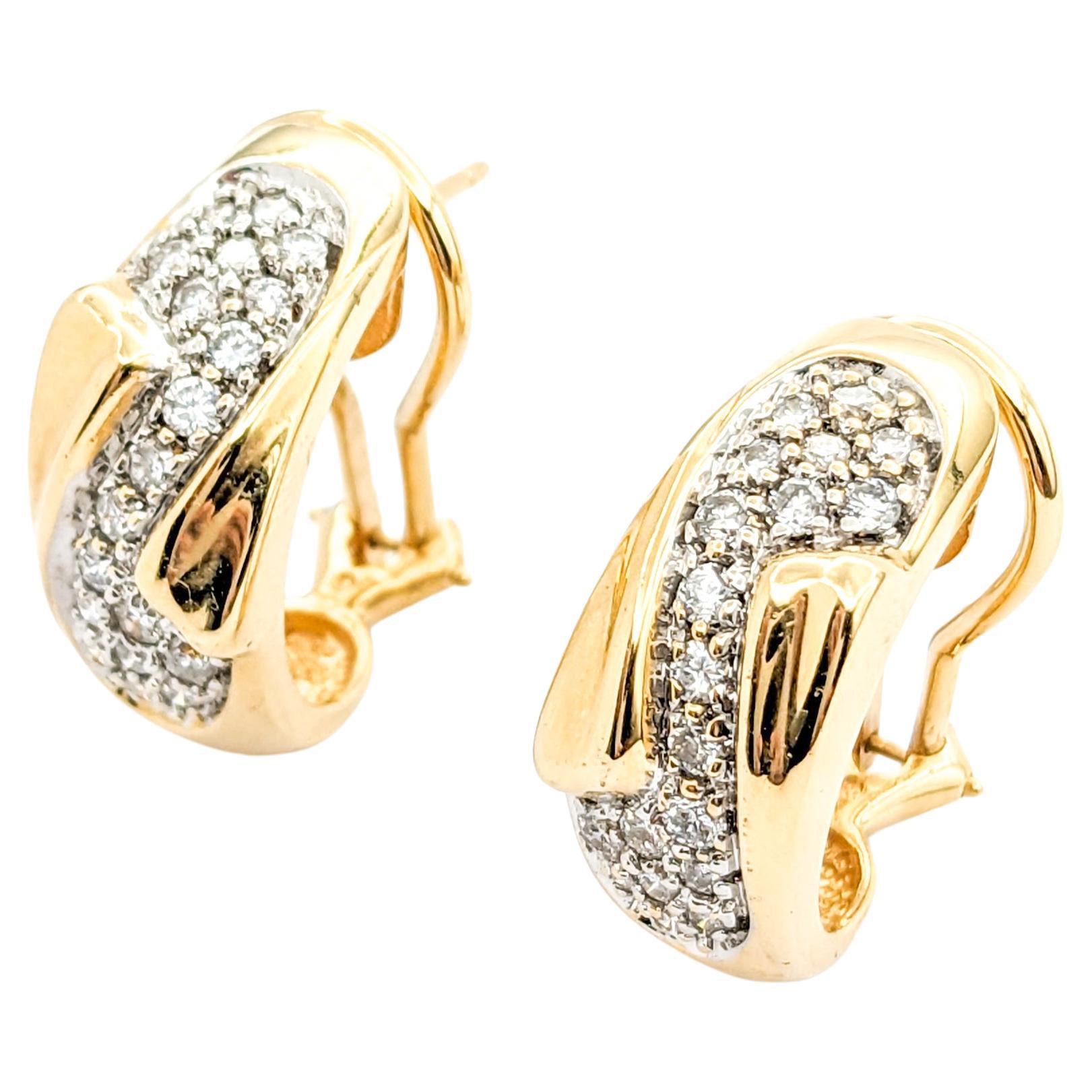 Diamond Hoop Omega Back Earrings In Yellow Gold For Sale