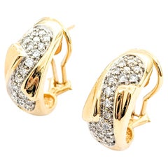 Diamond Hoop Omega Back Earrings In Yellow Gold