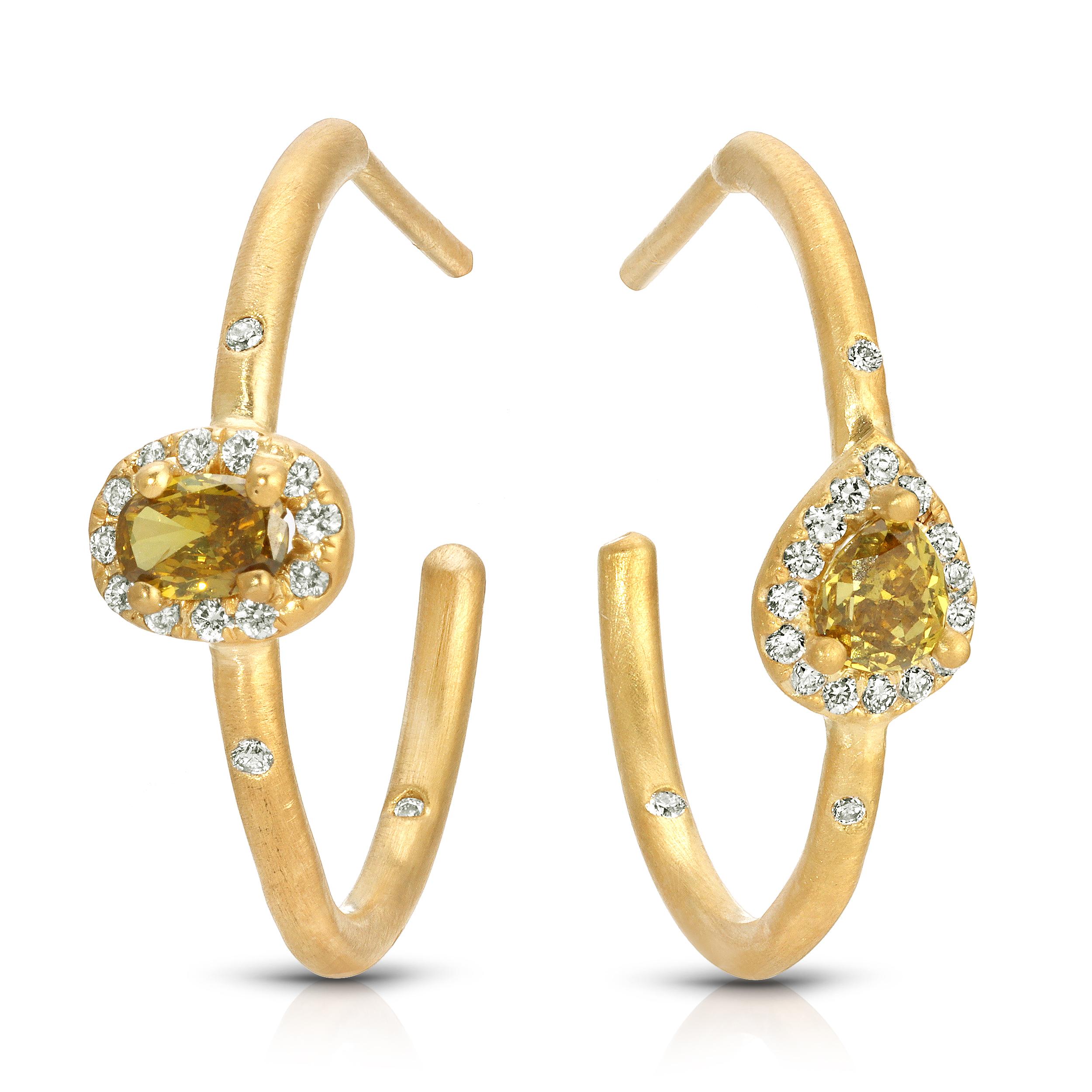  .26ct fancy colored mix shape diamond hoops with .20ct vs quality Diamond pave in 18k matte yellow gold. Handmade in my studio in Los Angeles by my team of Master Craftsmen.

