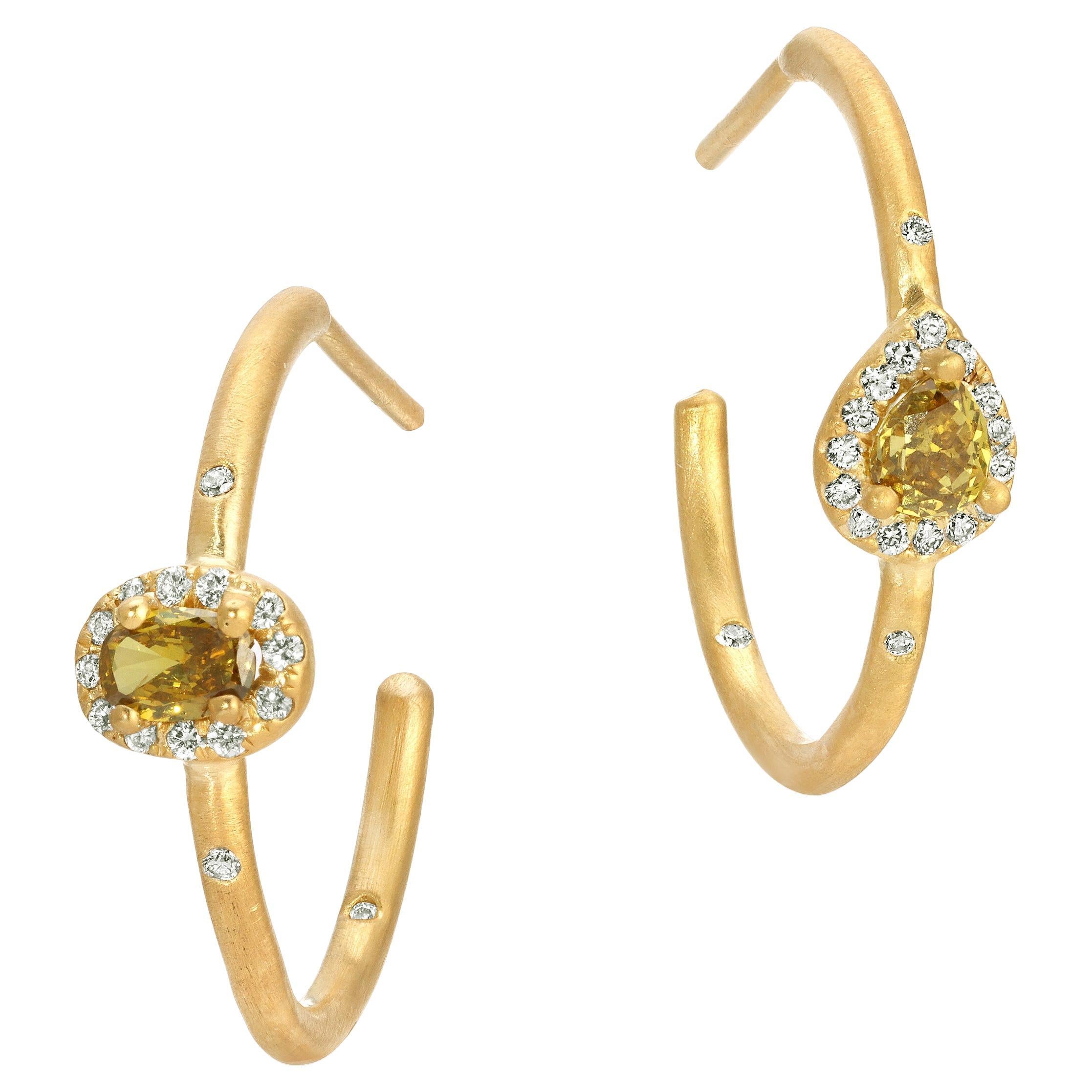 Diamond Hoops with Fancy Colored Mix Shape Diamonds and Pave 18k Yellow Gold For Sale