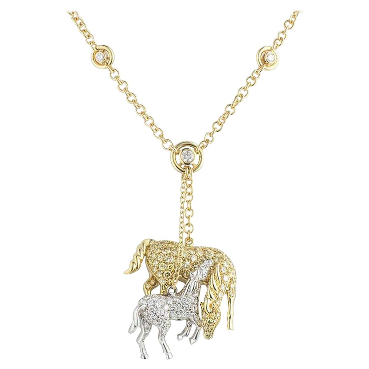 Diamond Horse and Pony Pendant Yellow and White Diamonds 4.25 Carat