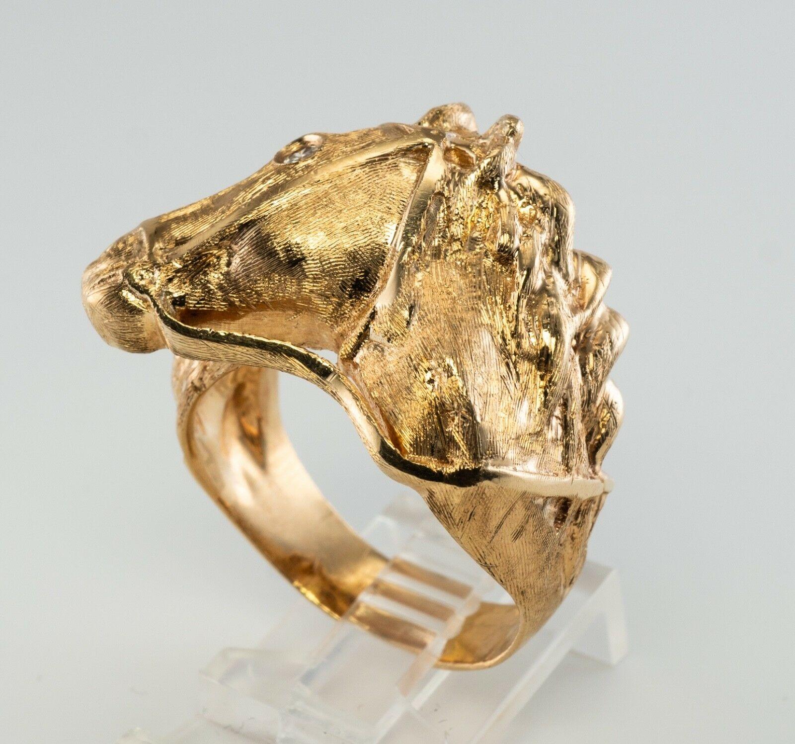 Diamond Horse Head Ring Animal 14K Gold Band Vintage For Sale 2