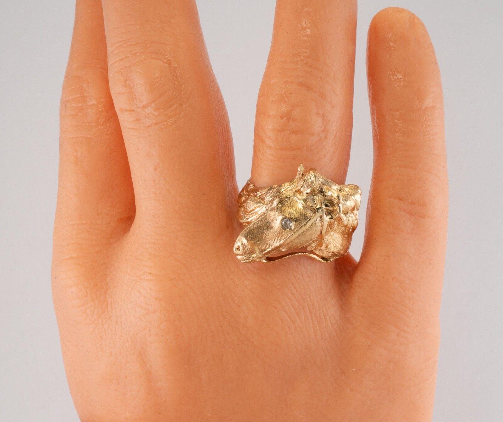 Anillo de Diamantes Cabeza de Caballo Animal Banda de Oro 14K Vintage en venta 3