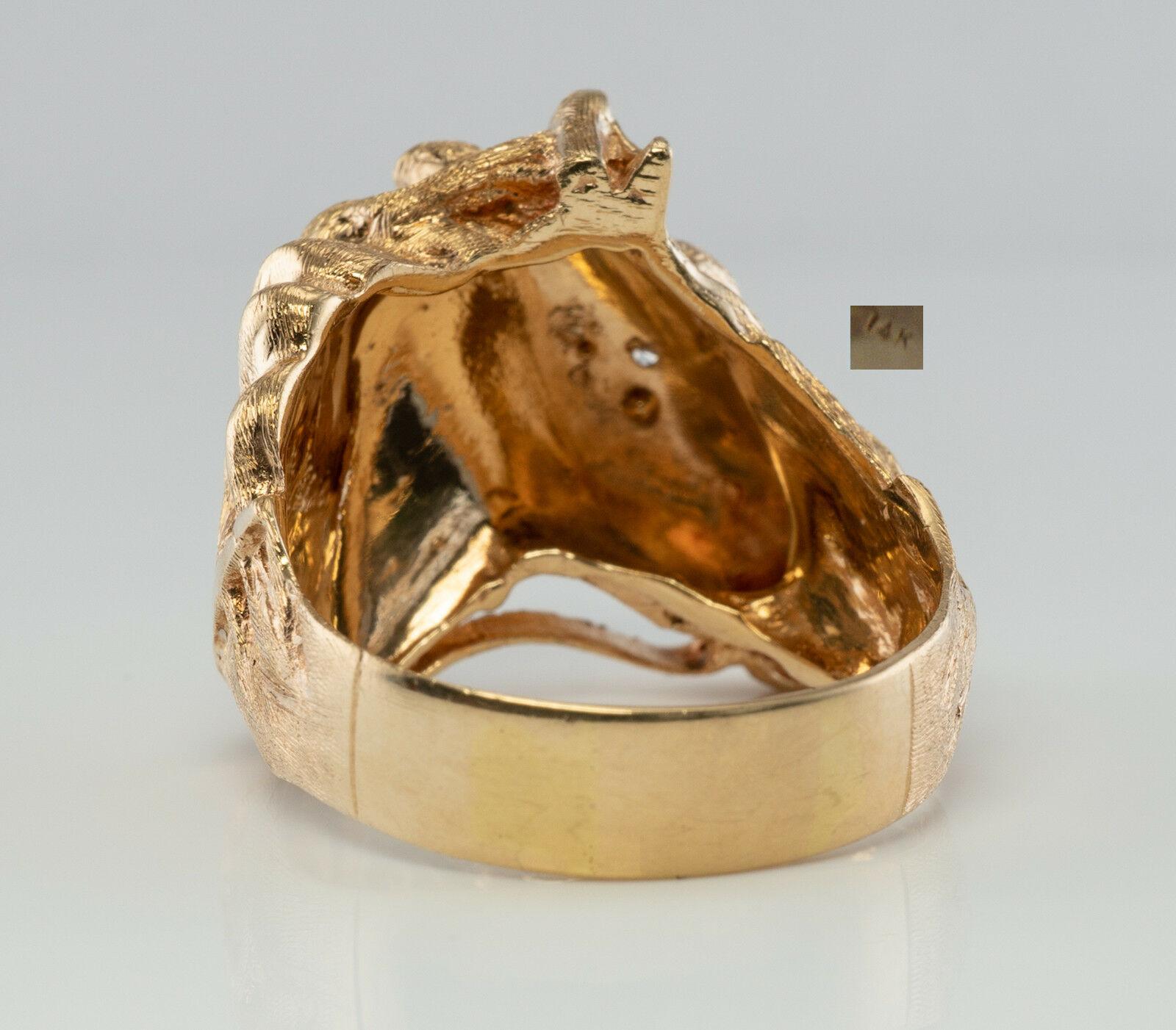 Round Cut Diamond Horse Head Ring Animal 14K Gold Band Vintage For Sale