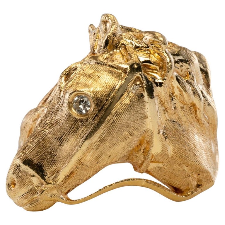 Diamond Horse Head Ring Animal 14K Gold Band Vintage For Sale at 1stDibs
