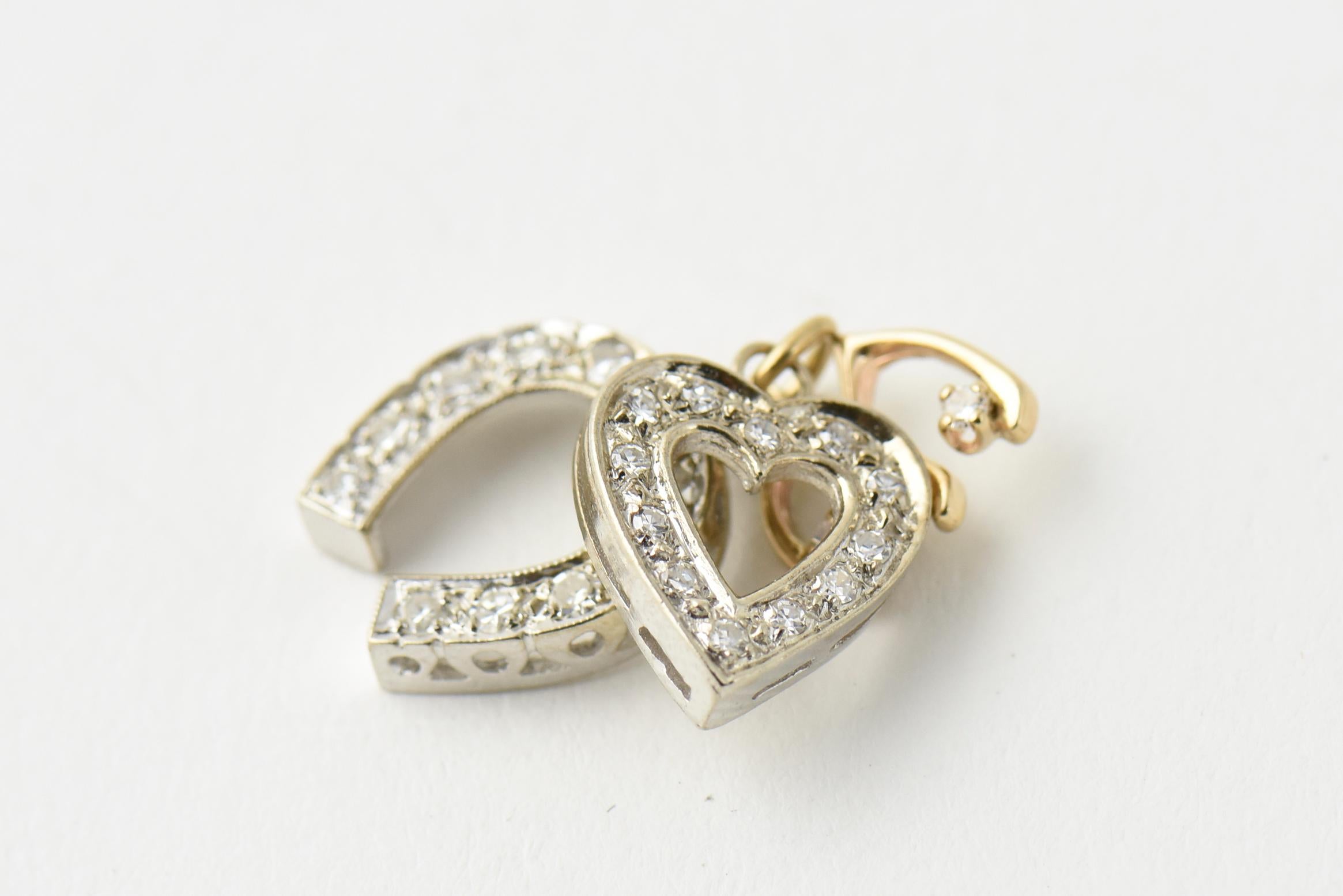 Round Cut Diamond Horse Shoe, Heart and Wishbone Gold Good Luck Charms For Sale