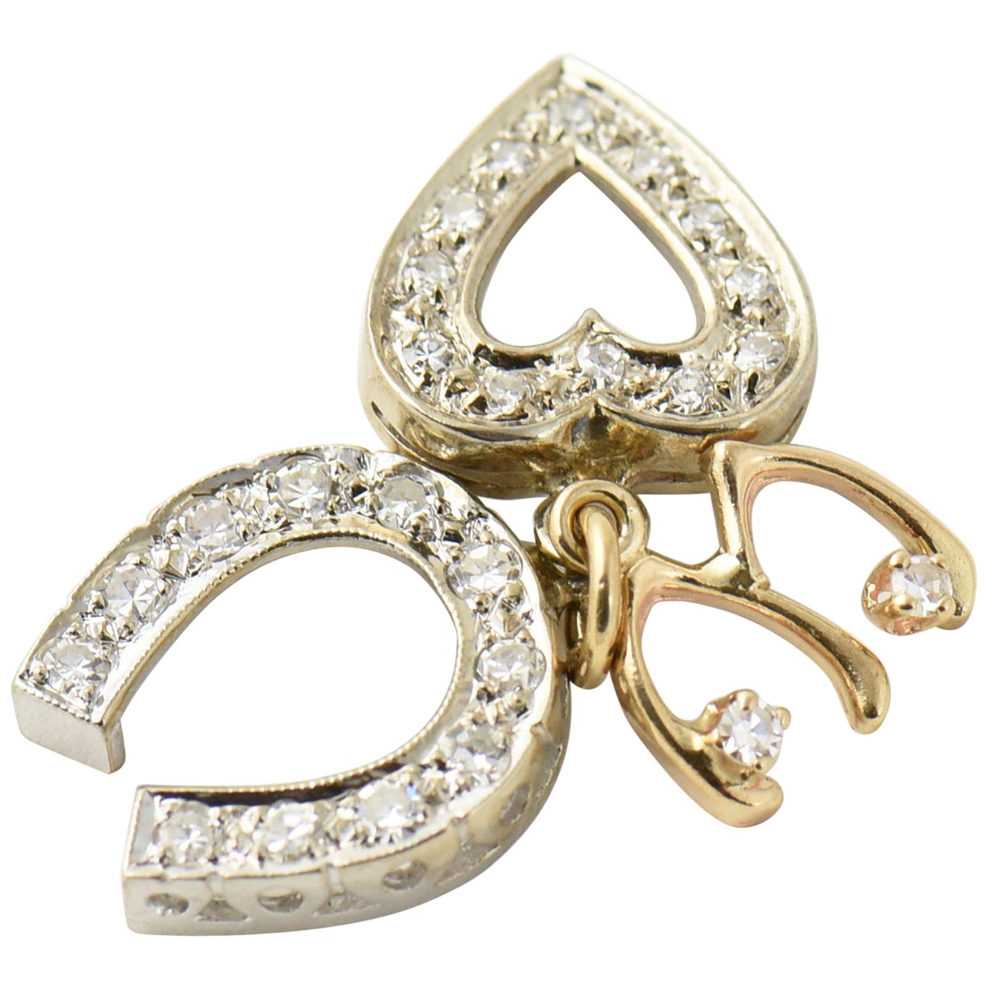 Diamond Horse Shoe, Heart and Wishbone Gold Good Luck Charms