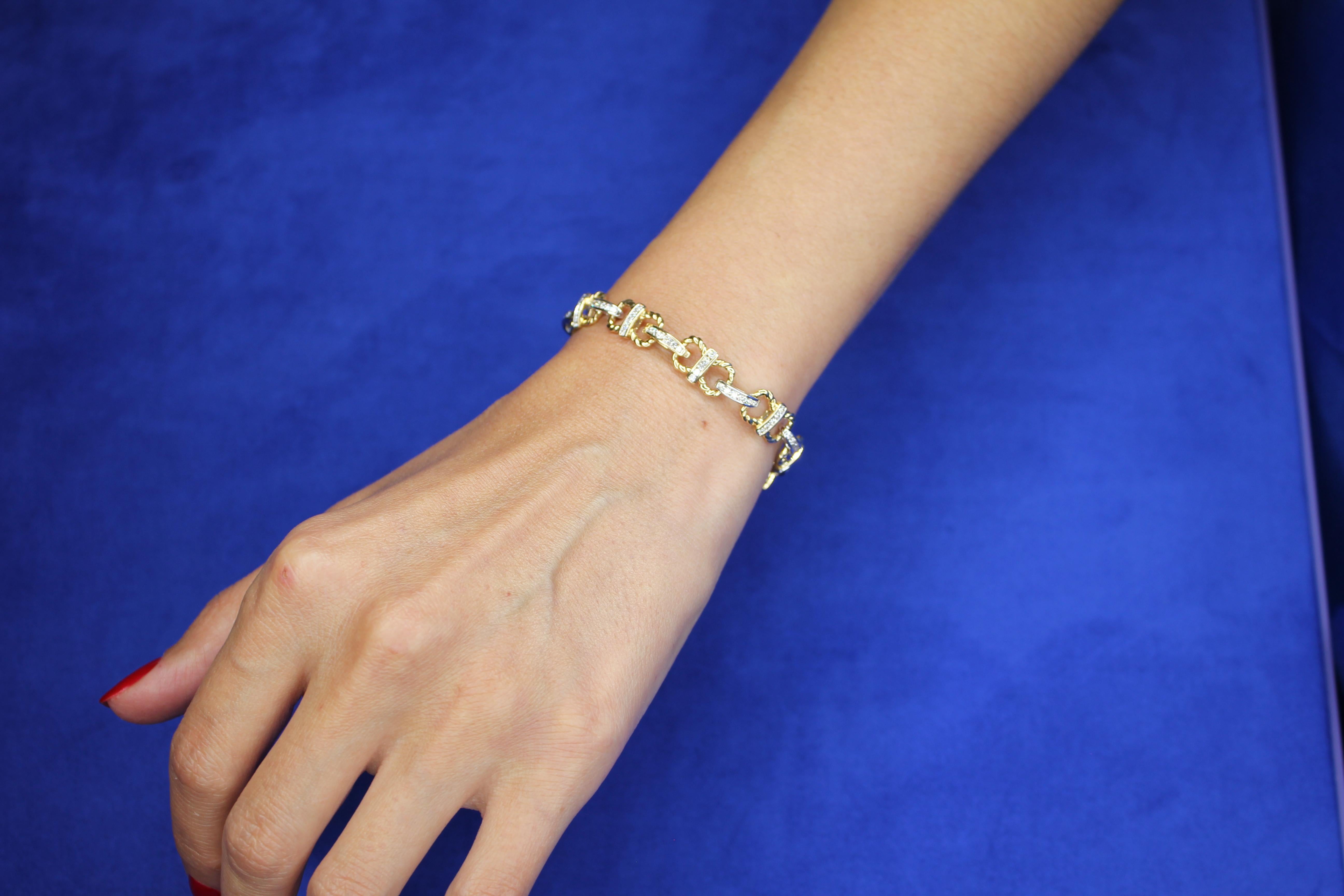 Armband aus 14 Karat Gelbgold mit Diamanten, Pferd und Schuh, Pavé-Gliederarmband, geschichtetes Seil im Angebot 4