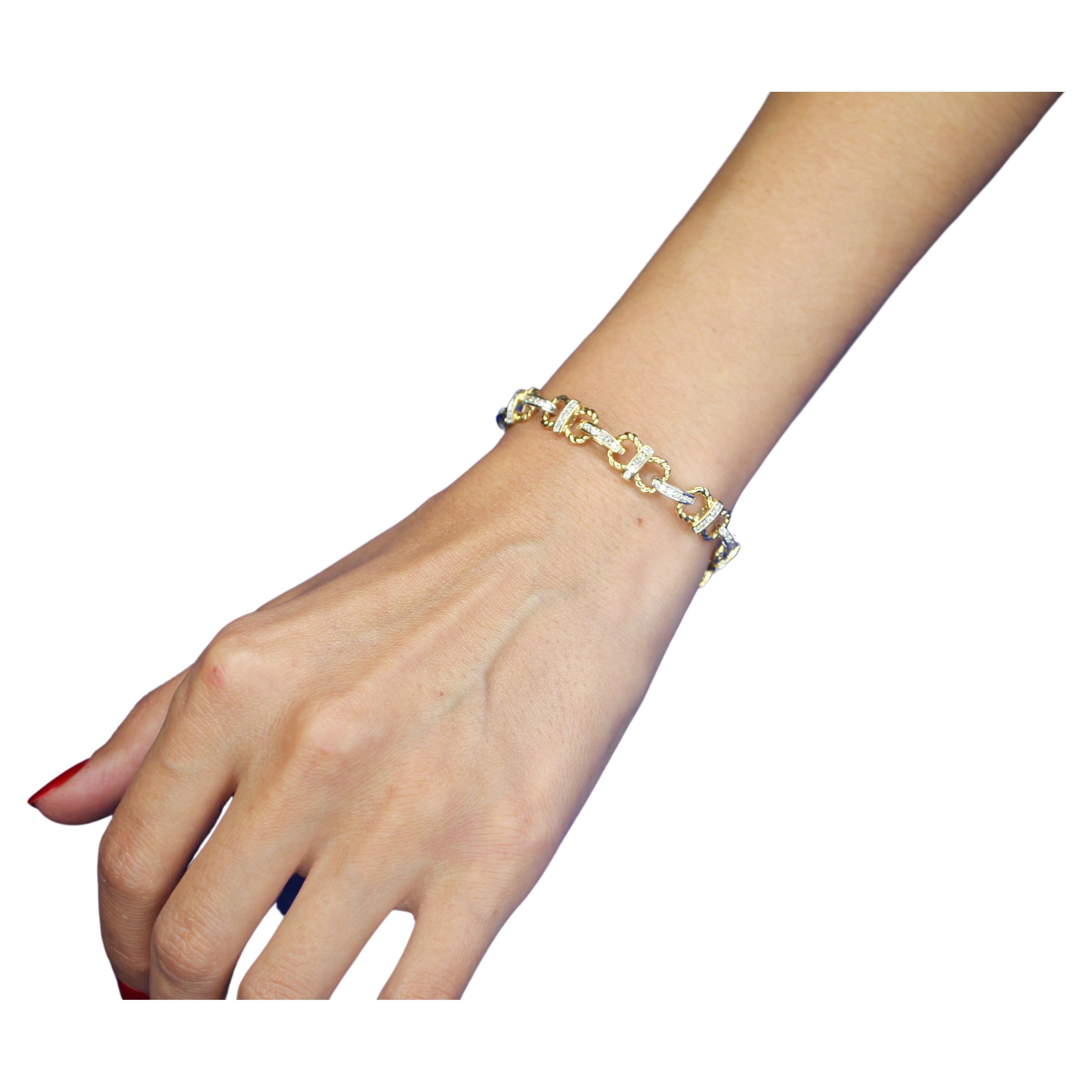 Armband aus 14 Karat Gelbgold mit Diamanten, Pferd und Schuh, Pavé-Gliederarmband, geschichtetes Seil im Angebot 3